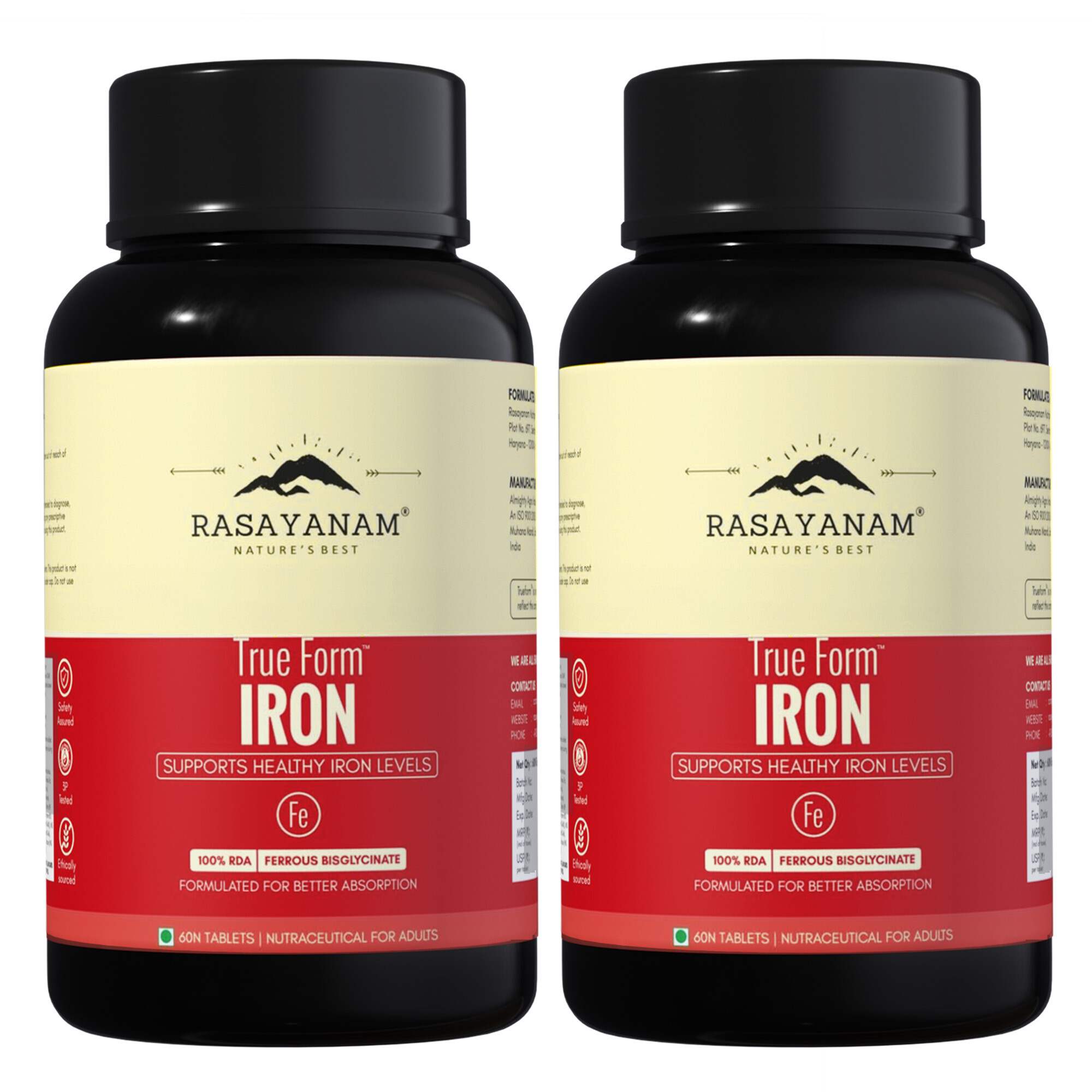 RASAYANAM IRON SUPPLEMENT | 4X ABSORPTION | VIT C & B-COMPLEX | 60 TABS, PACK OF 2