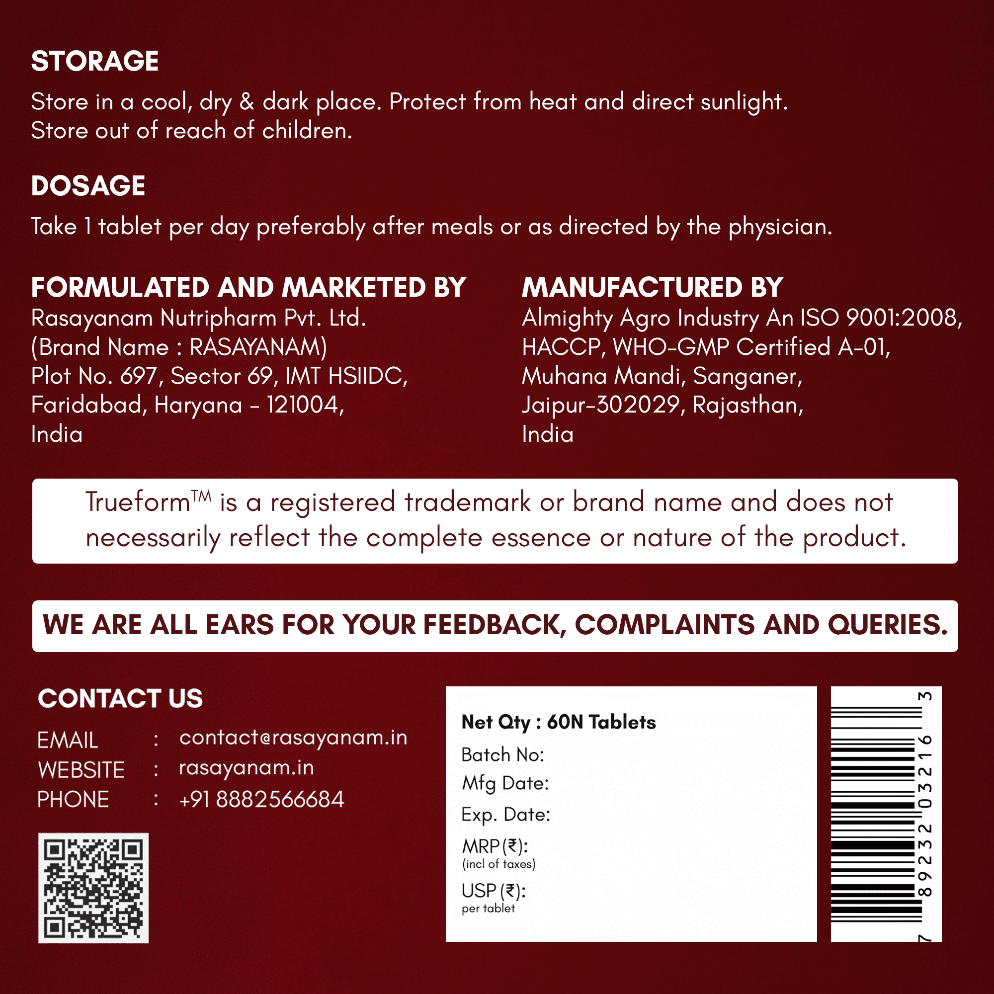 RASAYANAM IRON SUPPLEMENT | 4X ABSORPTION | VIT C & B-COMPLEX | 60 TABS, PACK OF 2