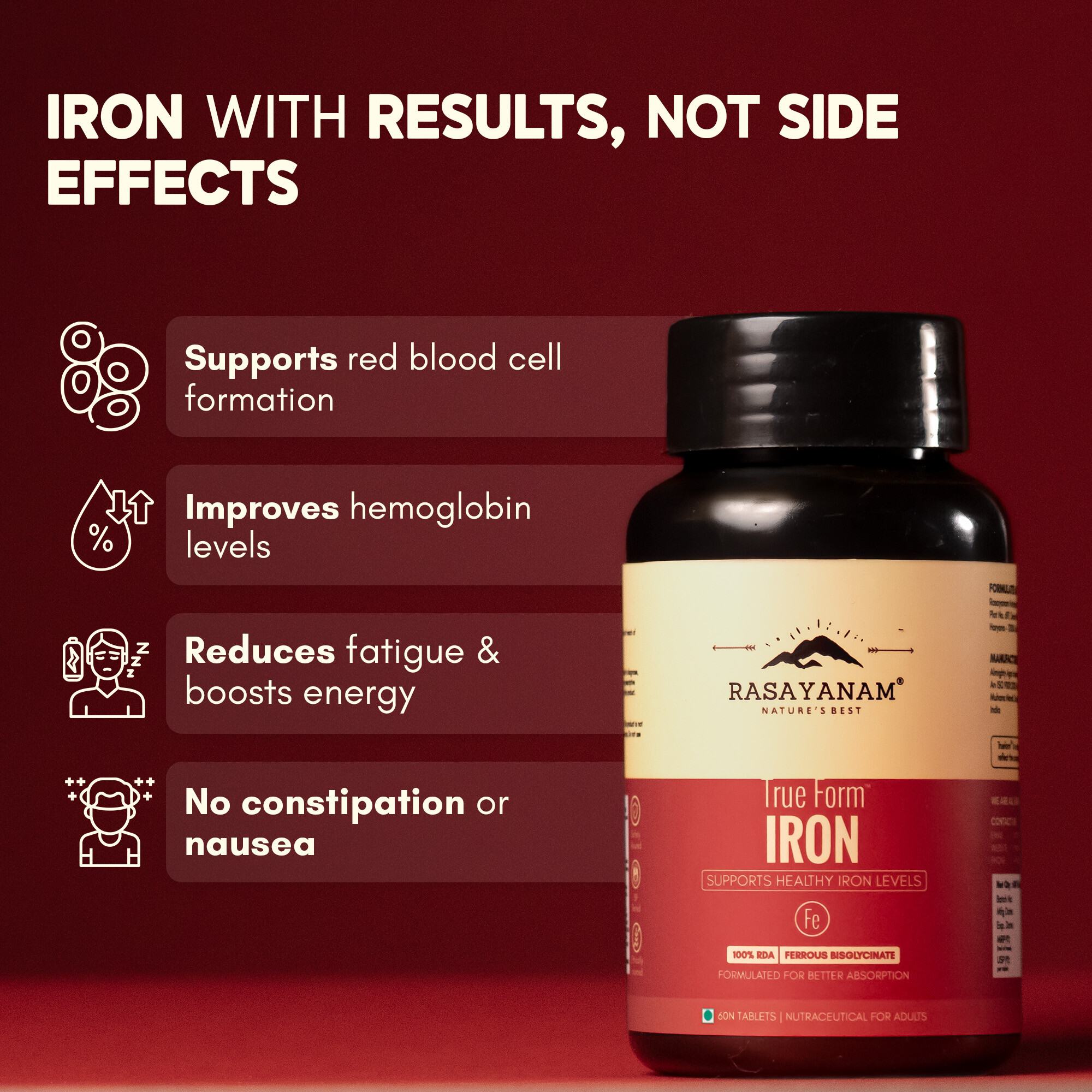 RASAYANAM IRON SUPPLEMENT | 4X ABSORPTION | VIT C & B-COMPLEX | 60 TABS, PACK OF 2