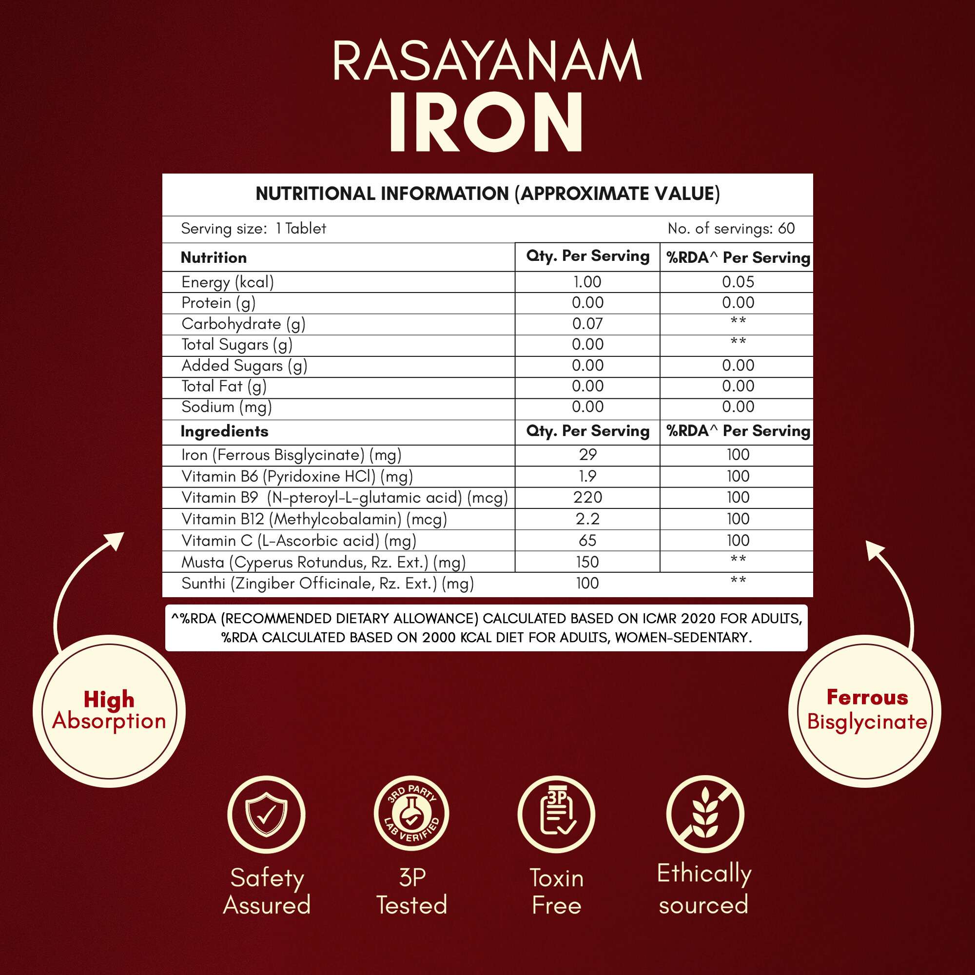 RASAYANAM IRON SUPPLEMENT | 4X ABSORPTION | VIT C & B-COMPLEX | 60 TABS, PACK OF 2