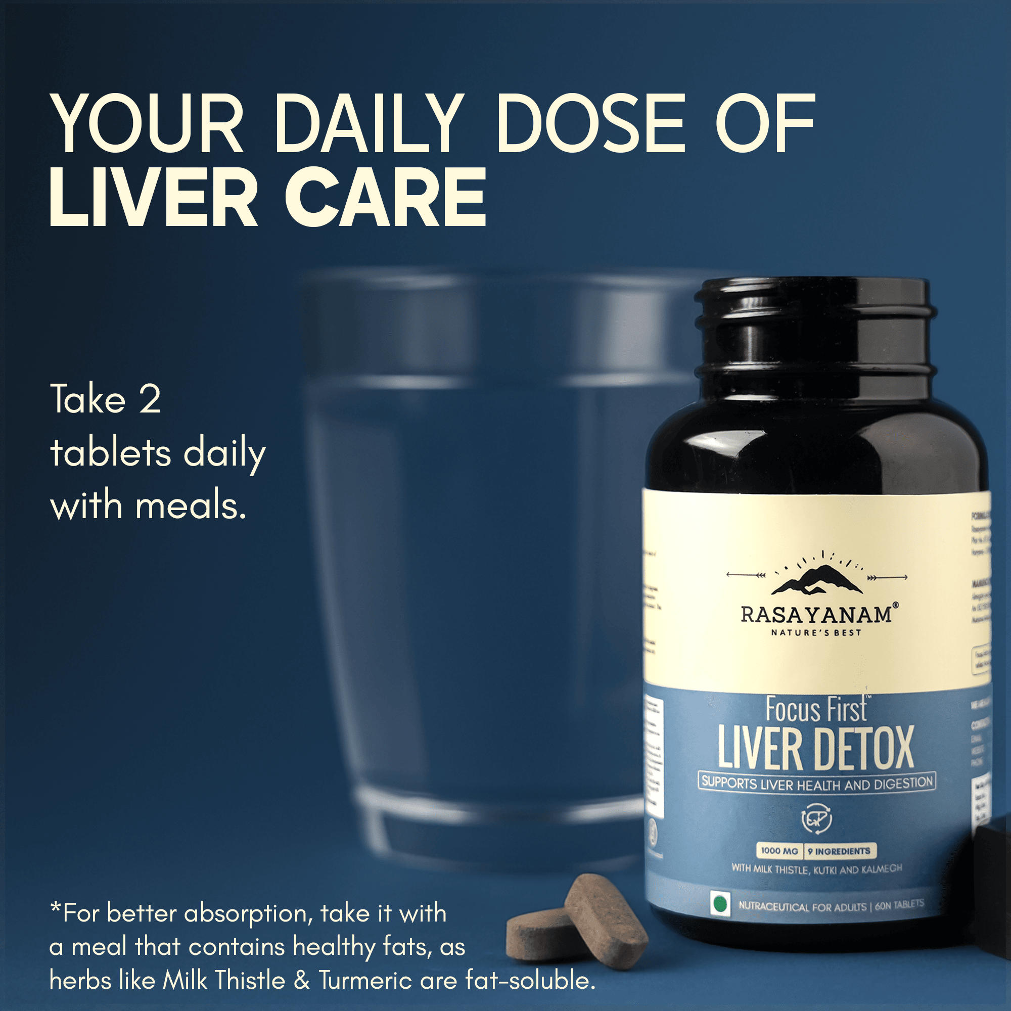 Rasayanam Liver Detox | NAC, Milk Thistle & Herbs | Detox, Digestion & Energy | 60 Tabs (Pack of 1)