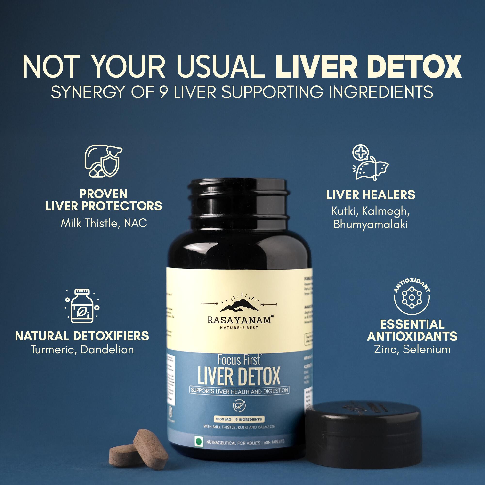 Rasayanam Liver Detox | NAC, Milk Thistle & Herbs | Detox, Digestion & Energy |180 Tabs (Pack of 1)