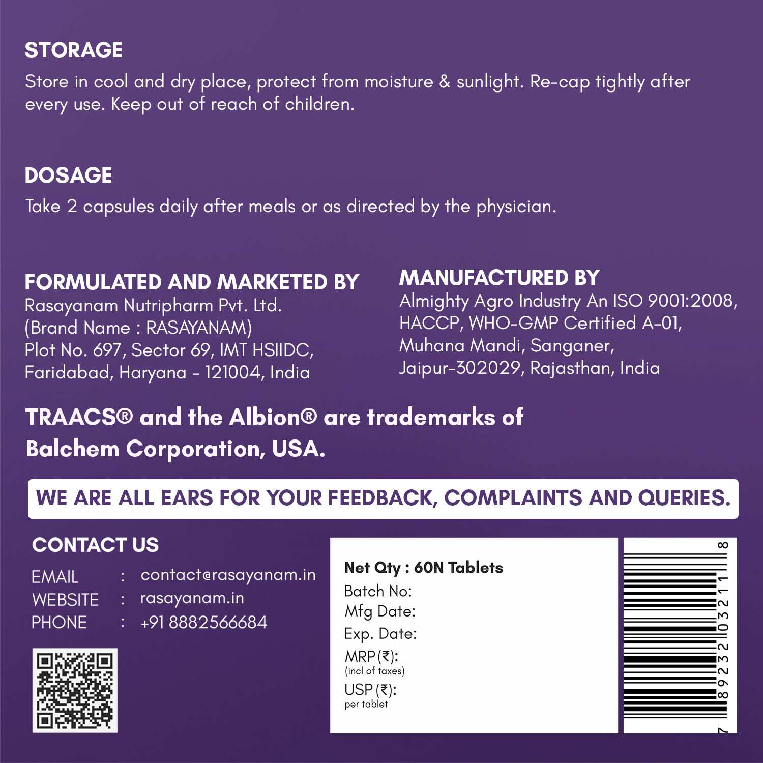 Rasayanam Magnesium Glycinate | High Absorption | Sleep, Relaxation & Recovery |180 Tabs (Pack of 1)