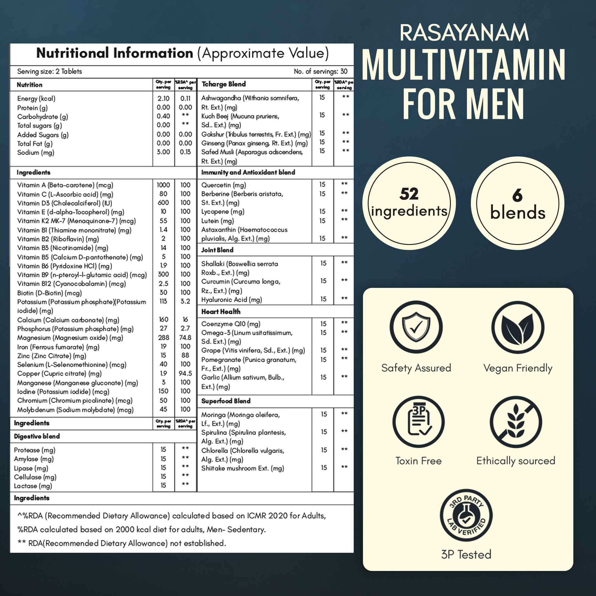 Rasayanam Multivitamin for Men | 52 Ingredients | Energy, Immunity & Health (60 Tablets, Pack of 1)