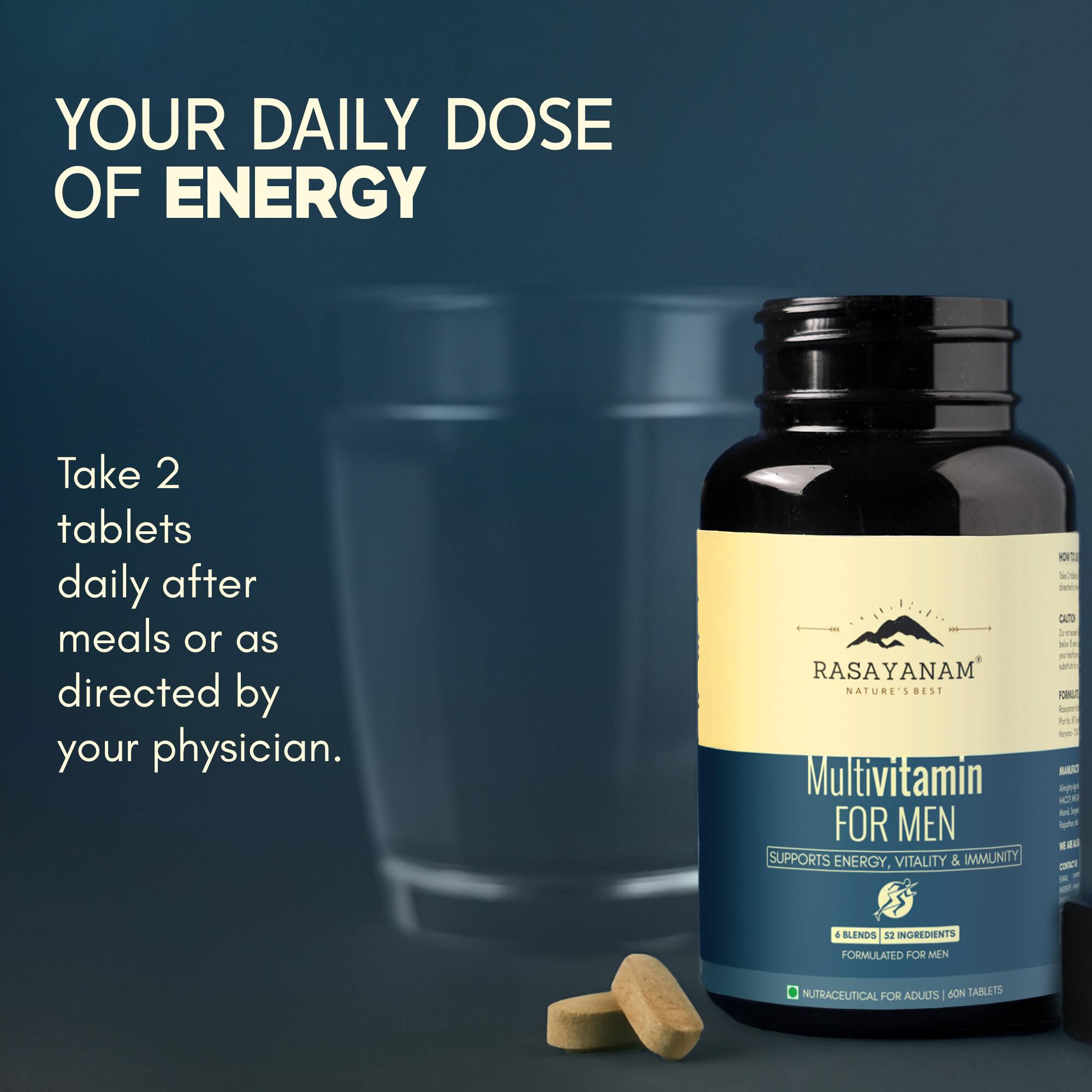 Rasayanam Multivitamin for Men | 52 Ingredients | Energy, Immunity & Health (60 Tablets, Pack of 1)