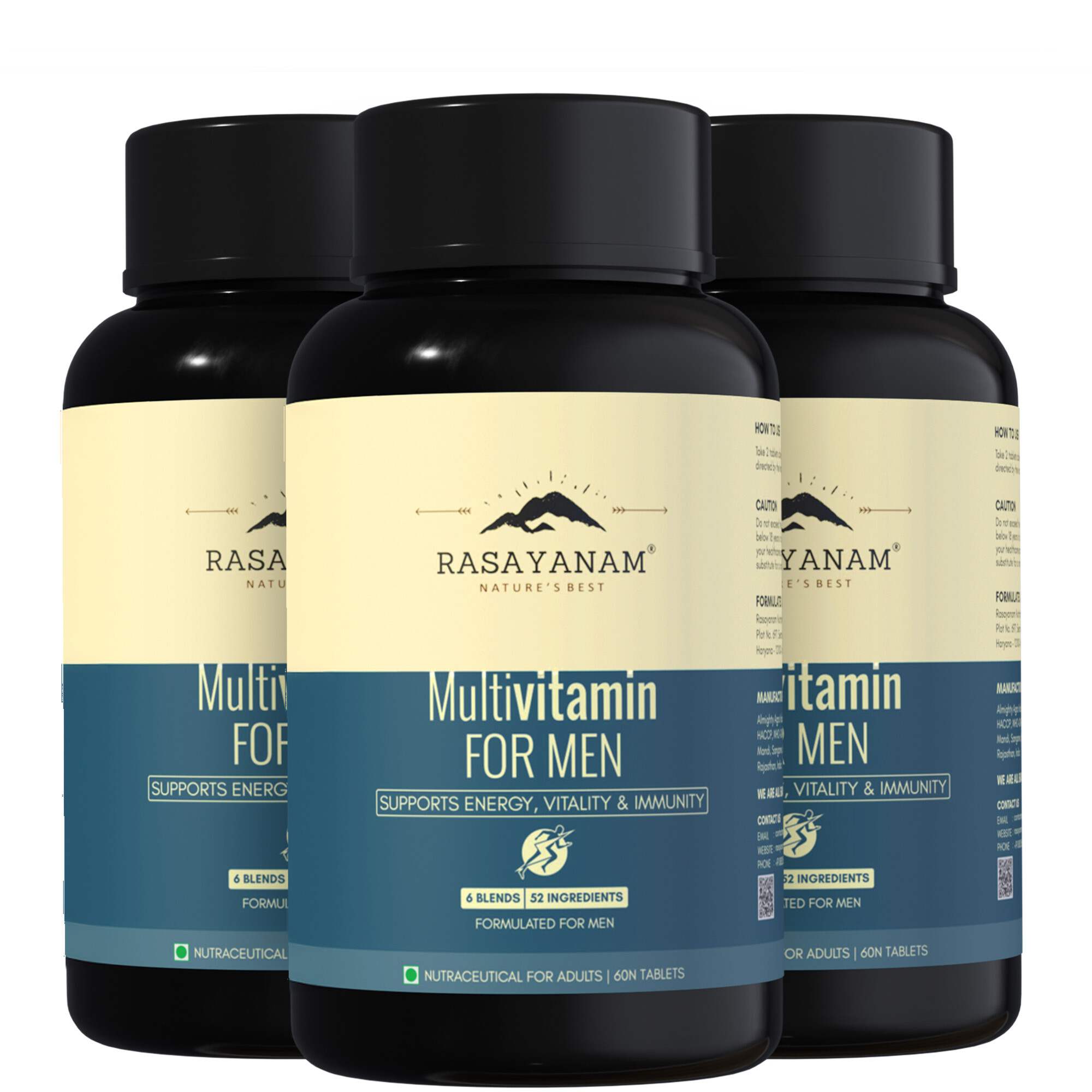 Rasayanam Multivitamin for Men | 52 Ingredients | Energy, Immunity & Health (180 Tablets, Pack of 3)