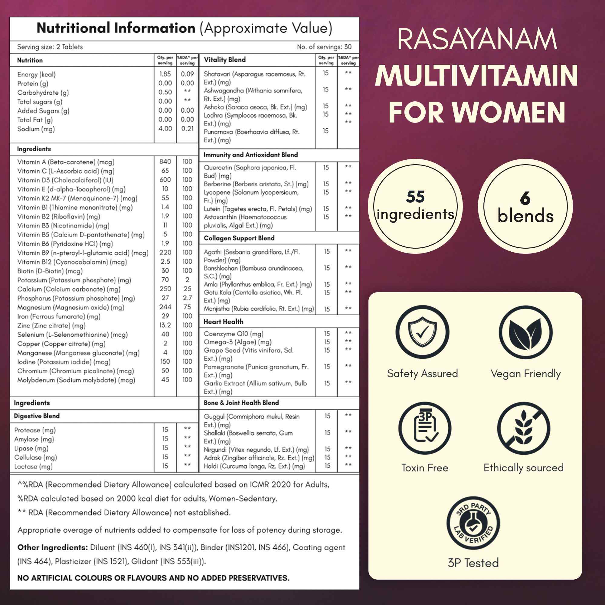 Rasayanam Multivitamin for Women | 55 Ingredients | Energy, Skin & Immunity (120 Tablets, Pack of 2)