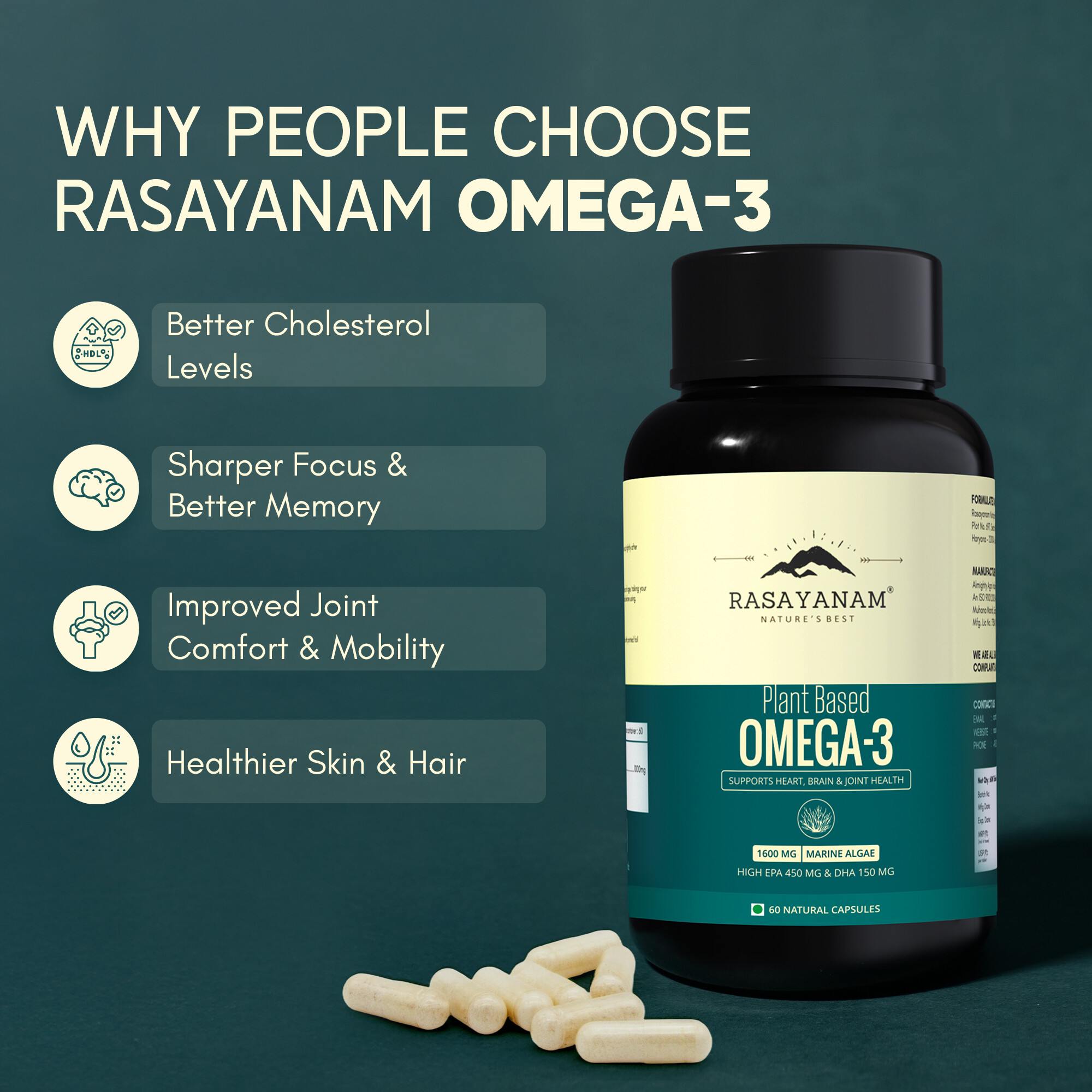 RASAYANAM OMEGA-3 | VEGAN, NO BURPS | EPA+DHA | 60 CAPSULES, PACK OF 3