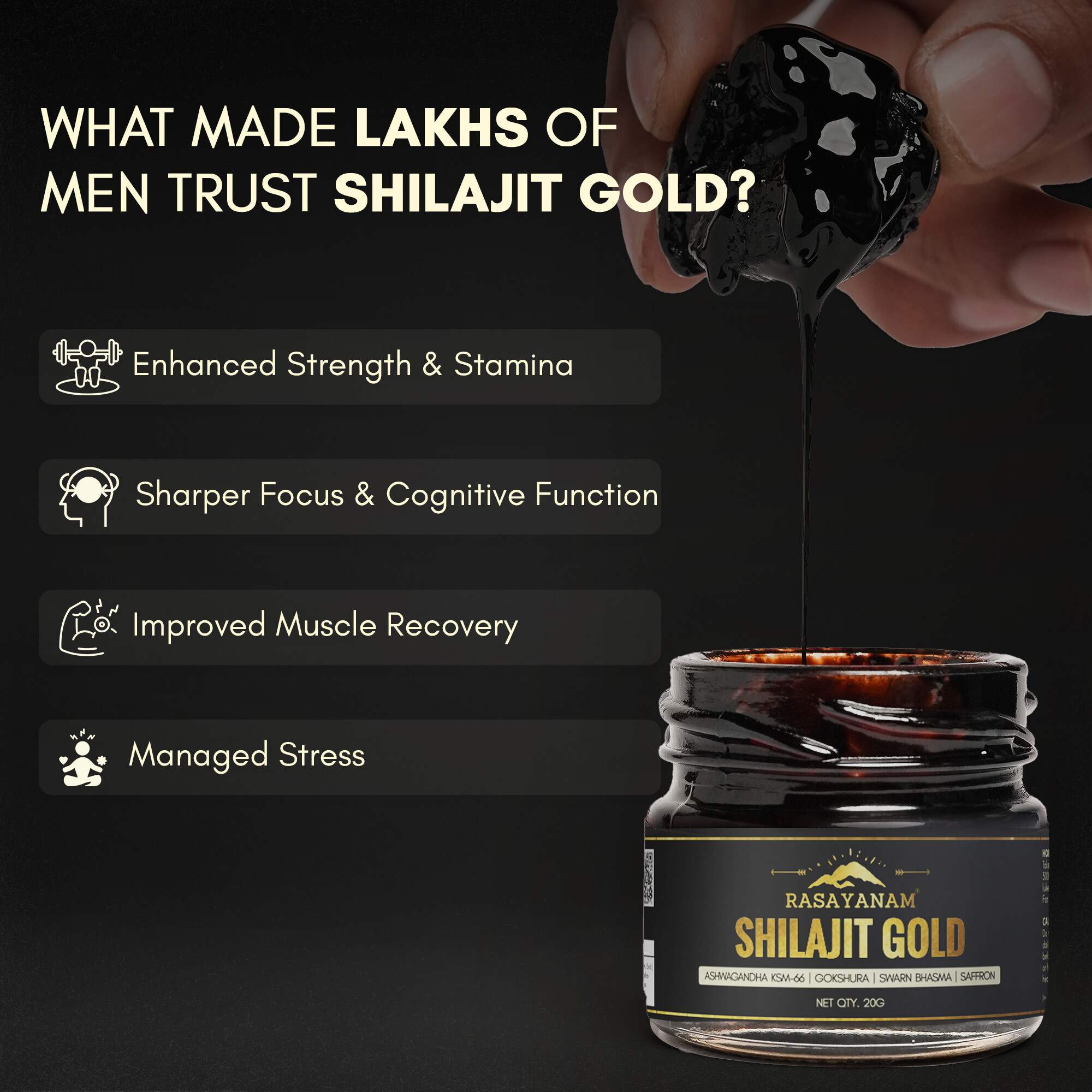 RASAYANAM SHILAJIT GOLD RESIN|75% FULVIC ACID + KSM-66 FOR STRENGTH & RECOVERY| 20G PACK OF 2