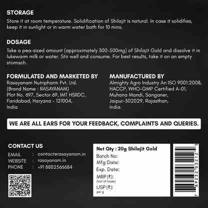 RASAYANAM SHILAJIT GOLD RESIN|75% FULVIC ACID + KSM-66 FOR STRENGTH & RECOVERY| 20G PACK OF 2