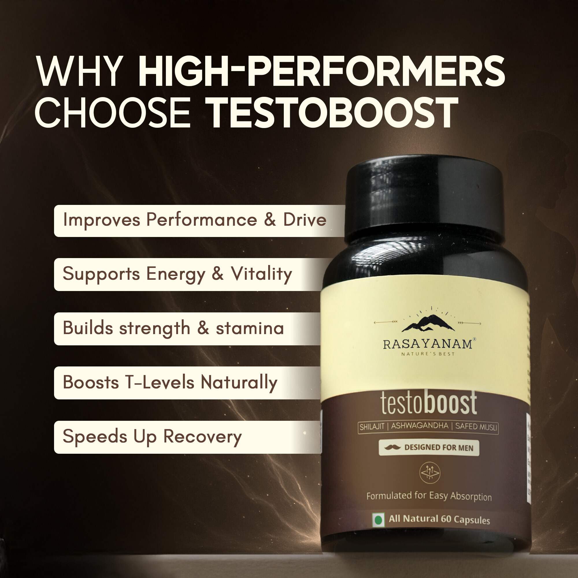 Rasayanam | Testoboost For Men | Shilajit | Ashwagandha & Safed Musli |180 Capsules | Pack Of 3