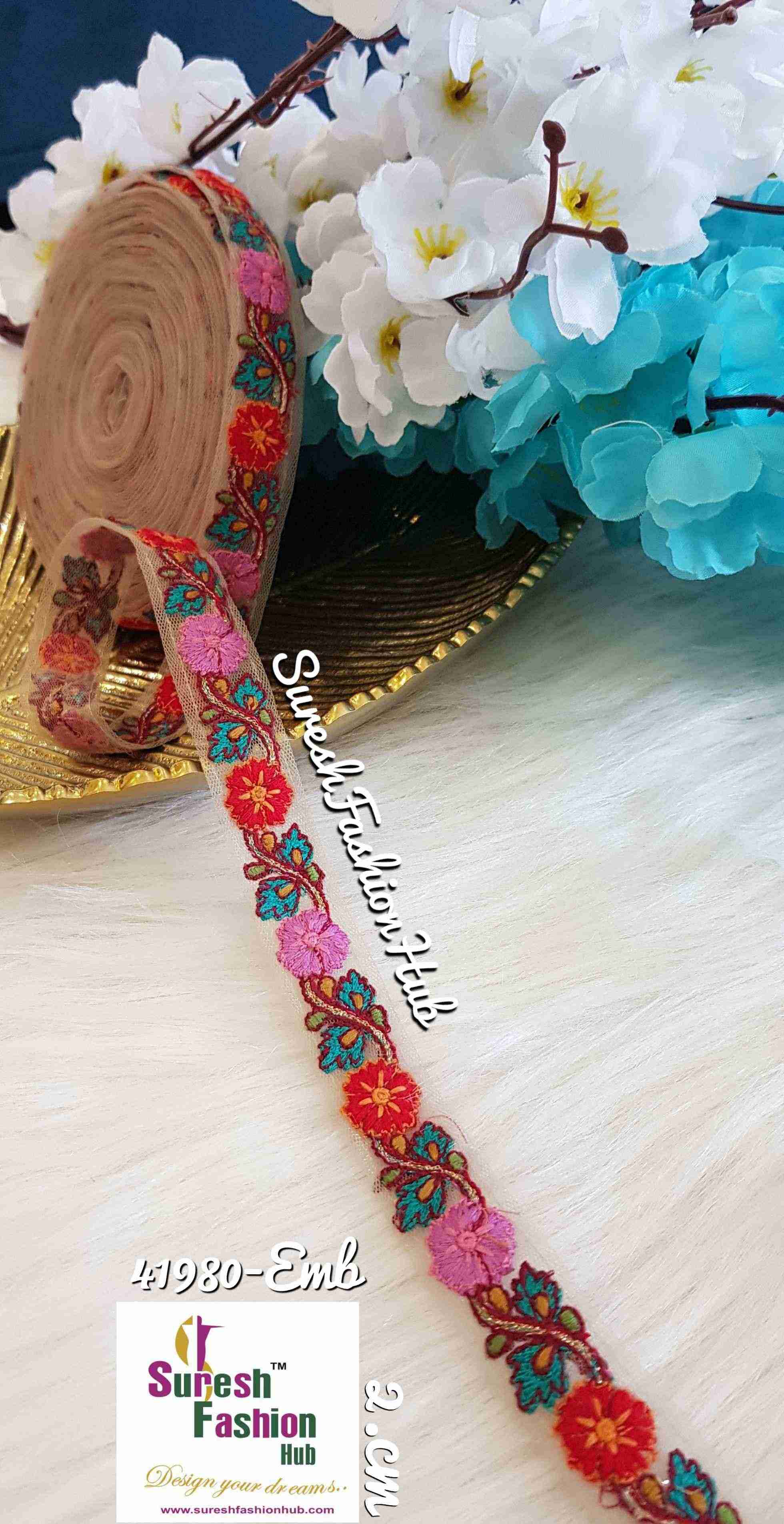 Mesh Beauty Red & Pink Flowers Thin Ribbon