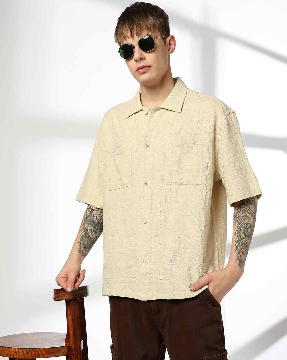 Men Self-Weaved Oversized Fit Shirt