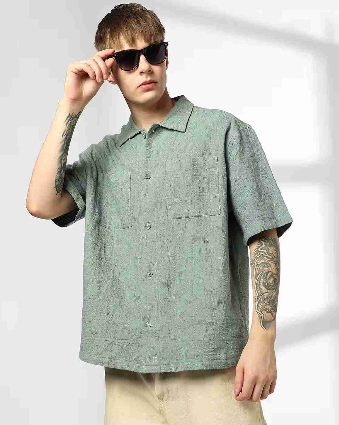 Men Self-Weaved Oversized Fit Shirt