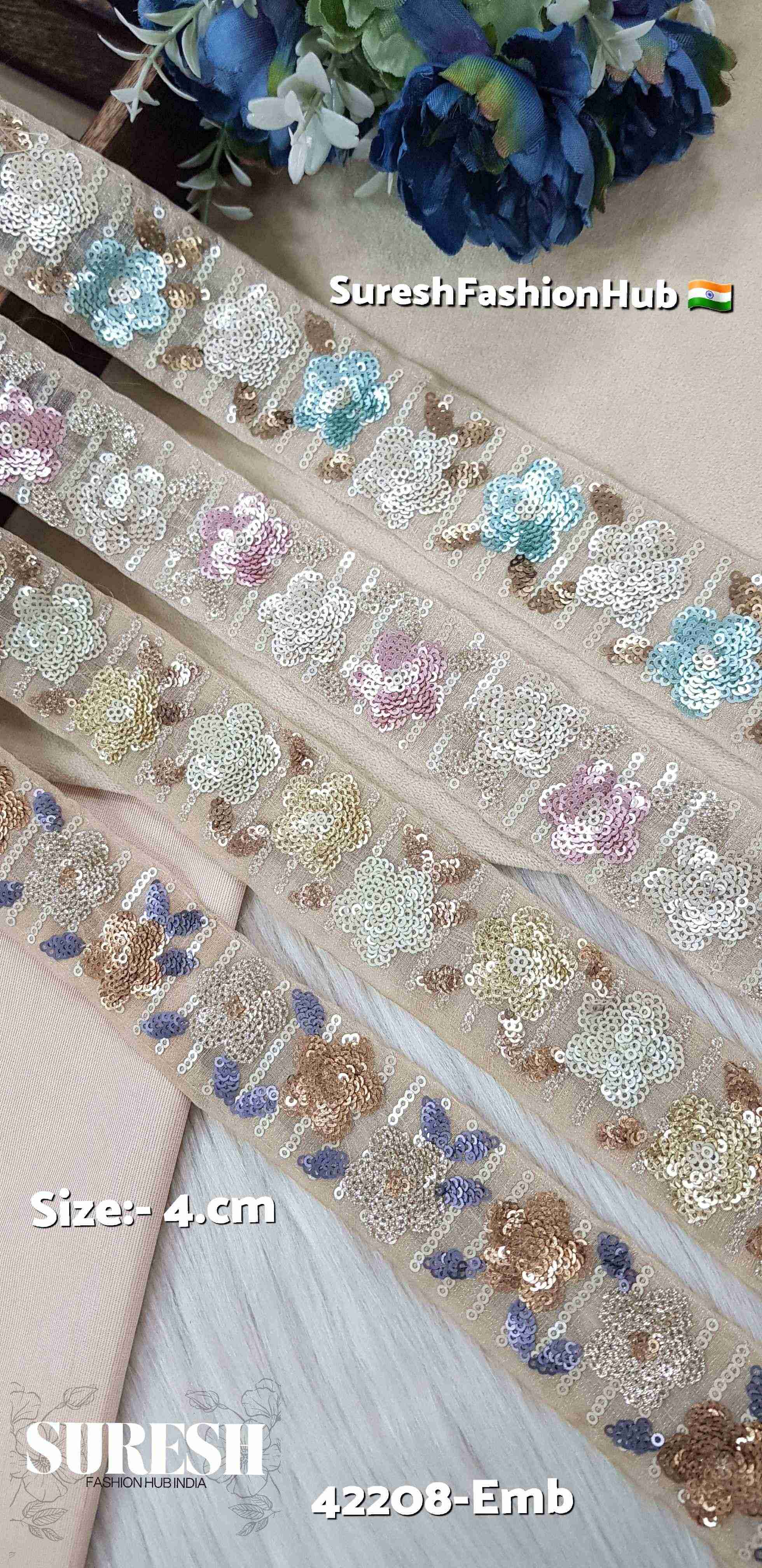 Turquoise Matt Floral Sequin Organza Lace