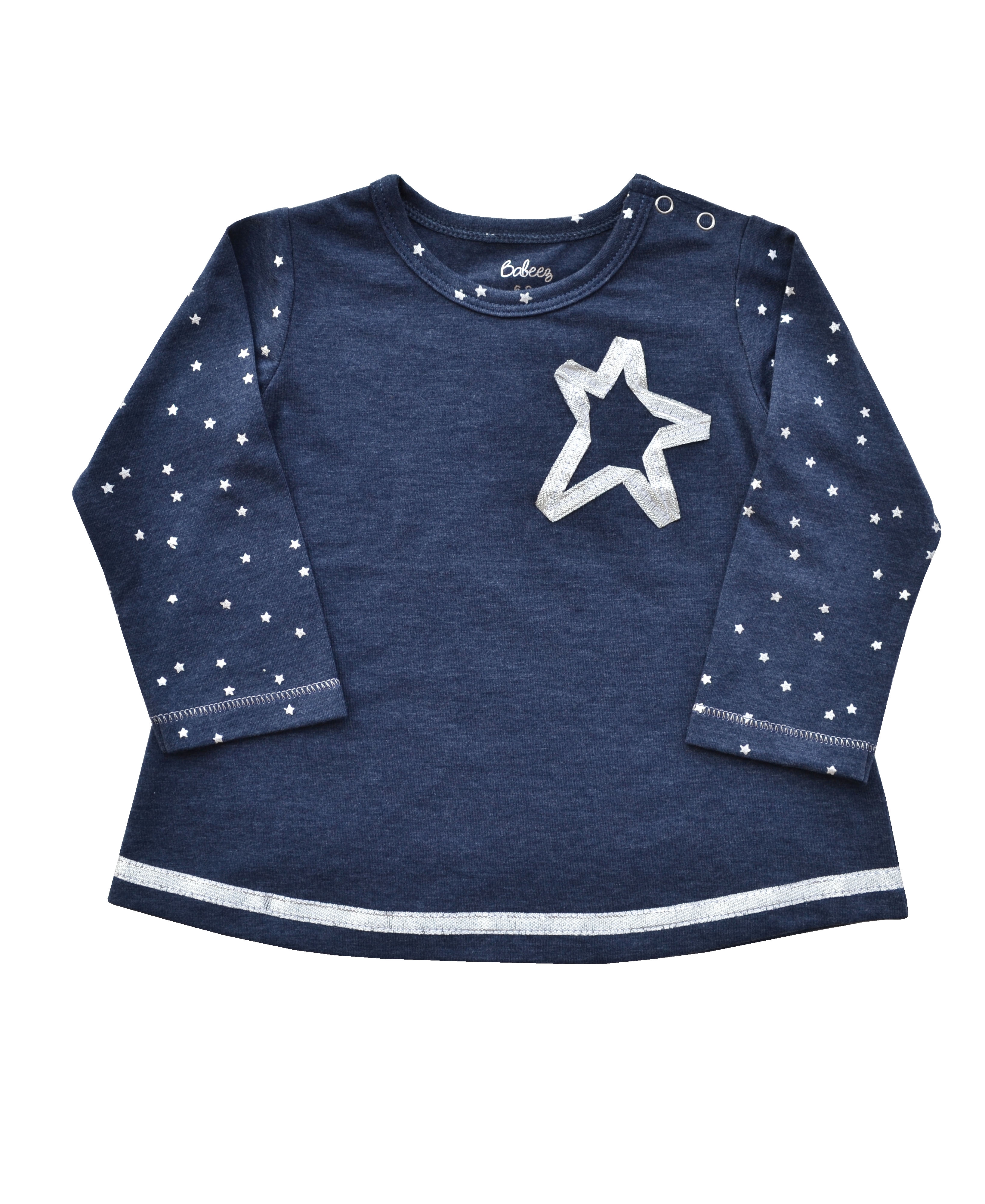 Silver Star Applique on Denim Blue Long Sleeves Top (60% Cotton 35% Polyester 5% Elasthan)