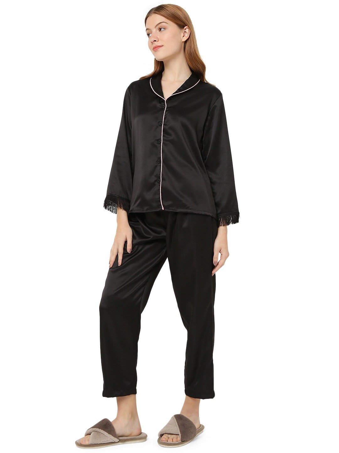 Smarty Pants women's silk satin shawl collar black color fringed