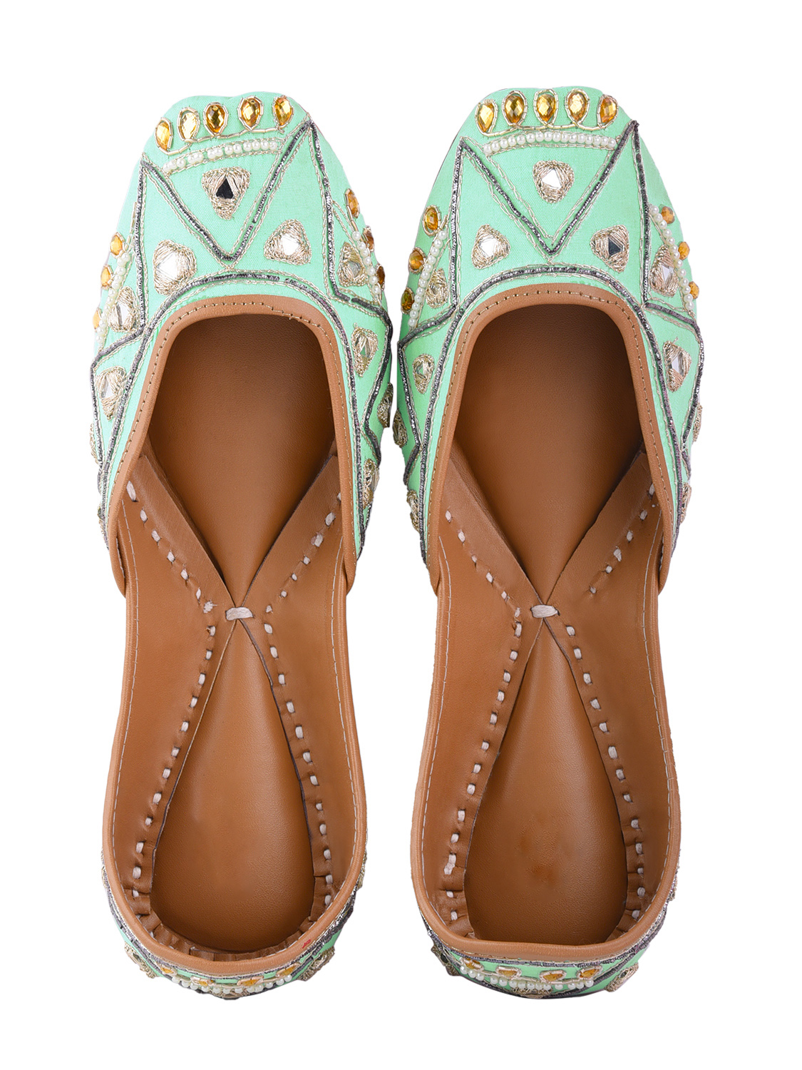 Light Green Mirror Work Hand Embroidered Jutti