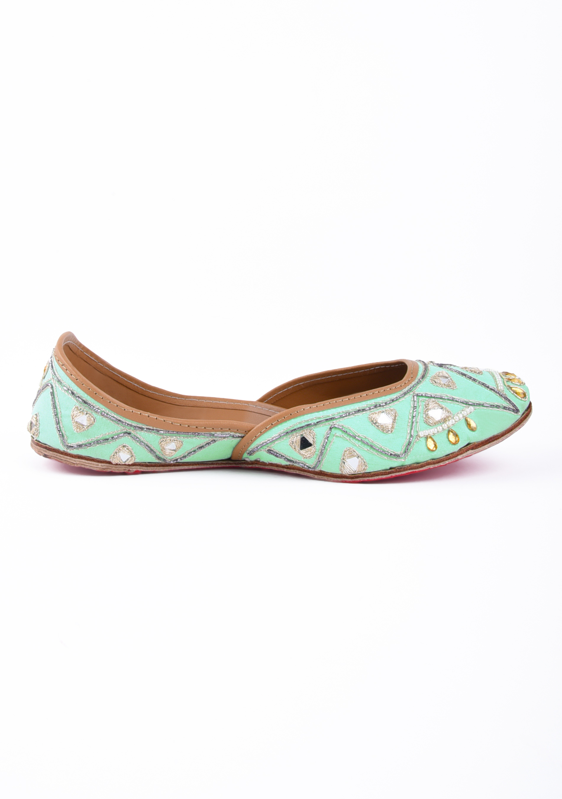Light Green Mirror Work Hand Embroidered Jutti