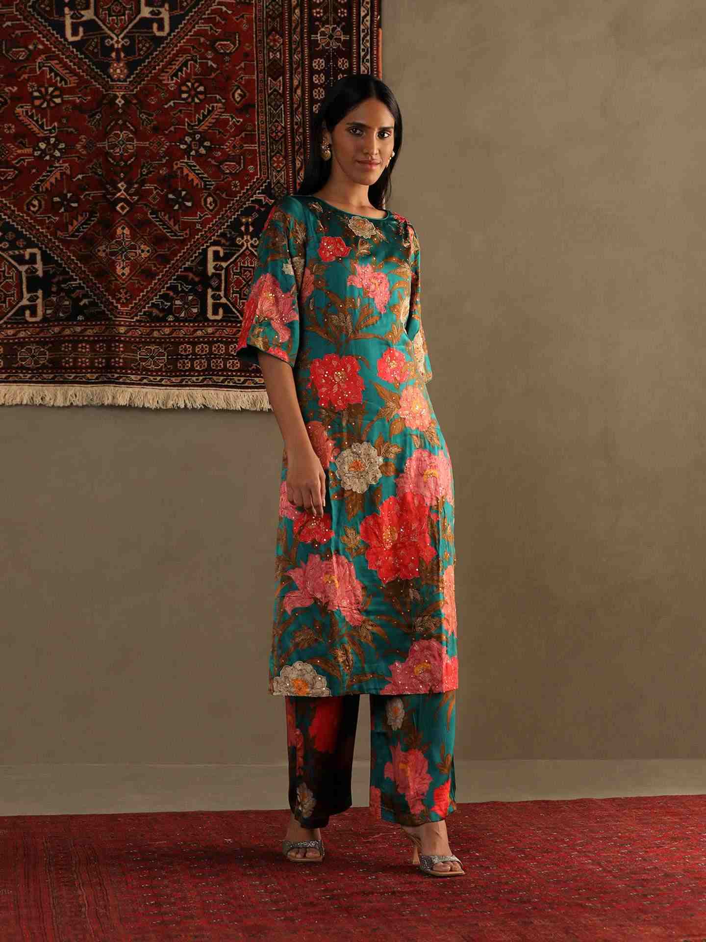 Dark Teal & Multi Bella Floral Kurta Set