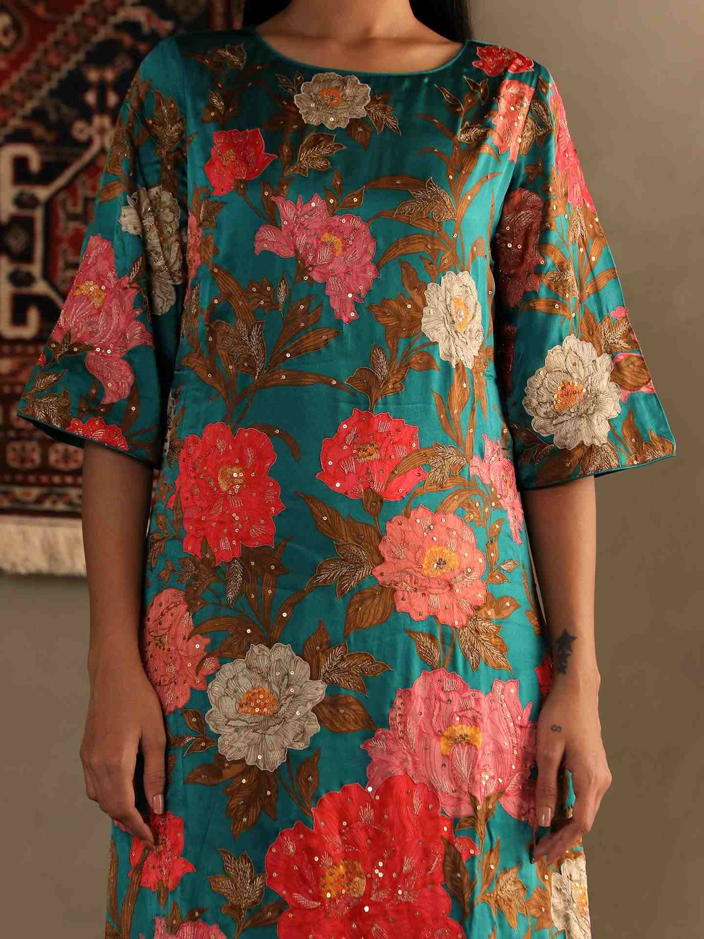 Dark Teal & Multi Bella Floral Kurta Set