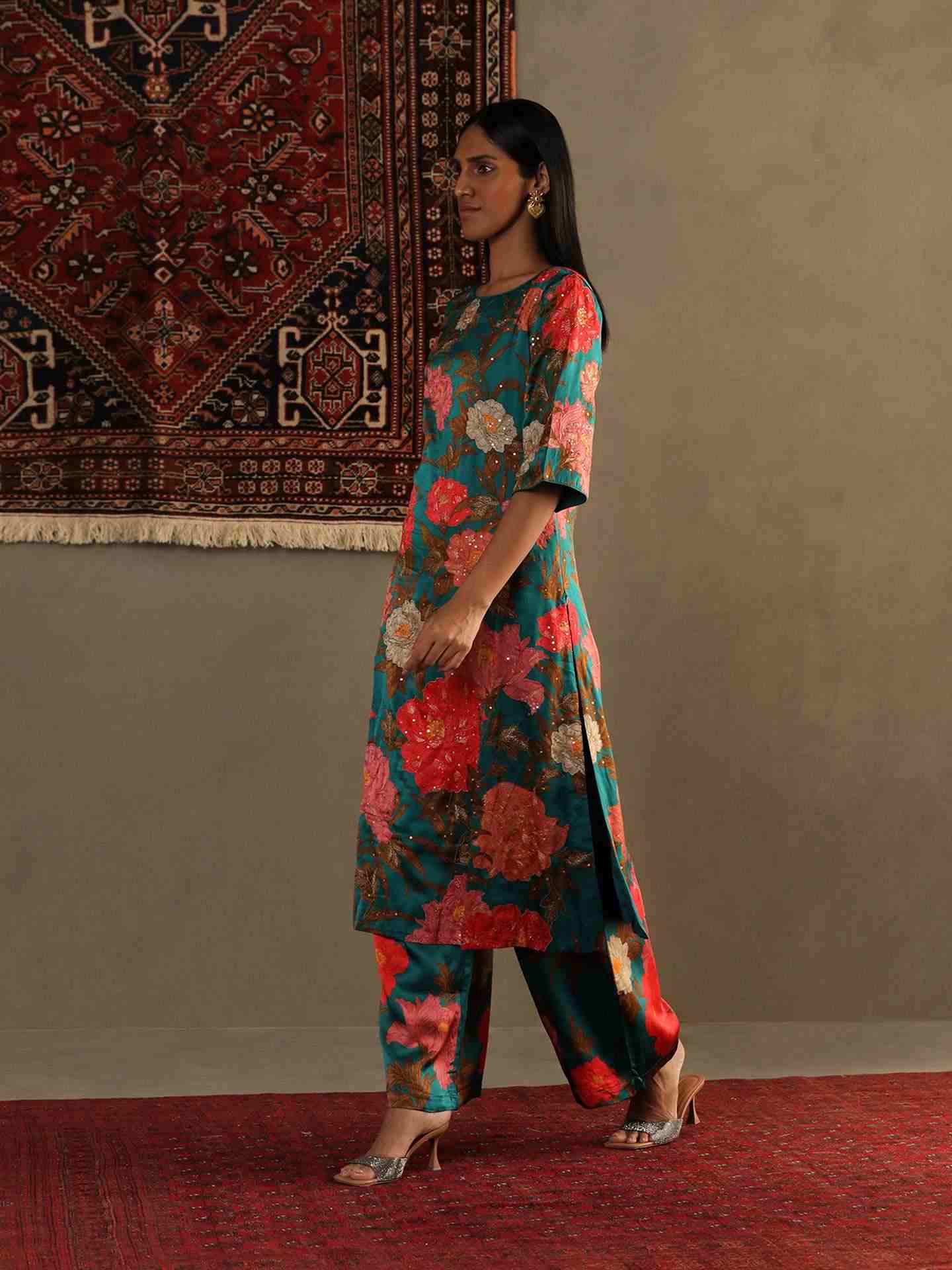 Dark Teal & Multi Bella Floral Kurta Set