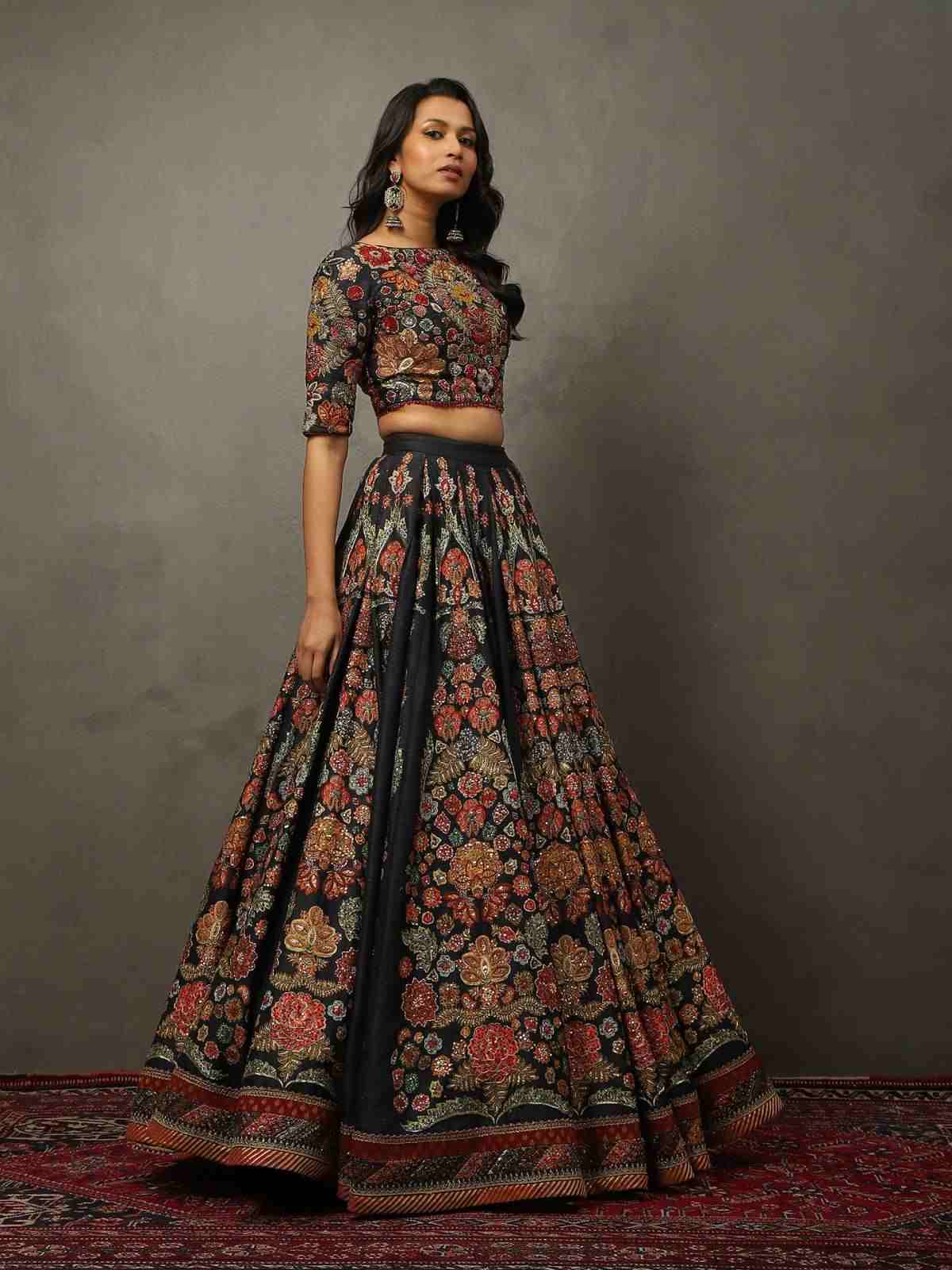 Black & Multi Wild Flower Lehenga Set