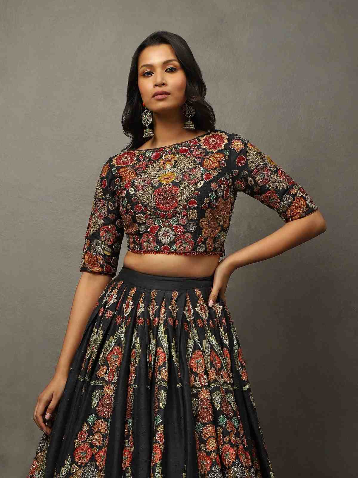 Black & Multi Wild Flower Lehenga Set