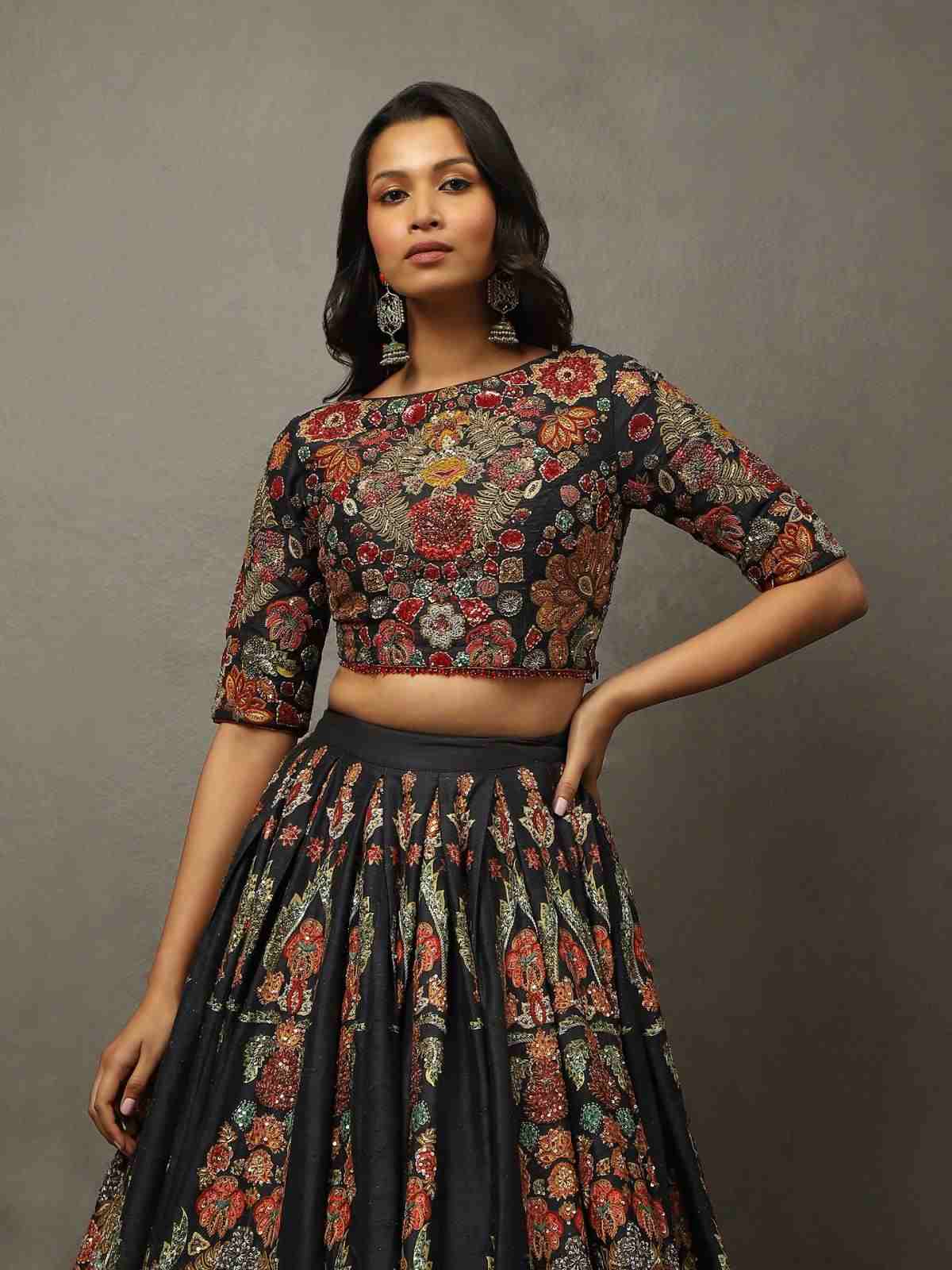 Black & Multi Wild Flower Lehenga Set