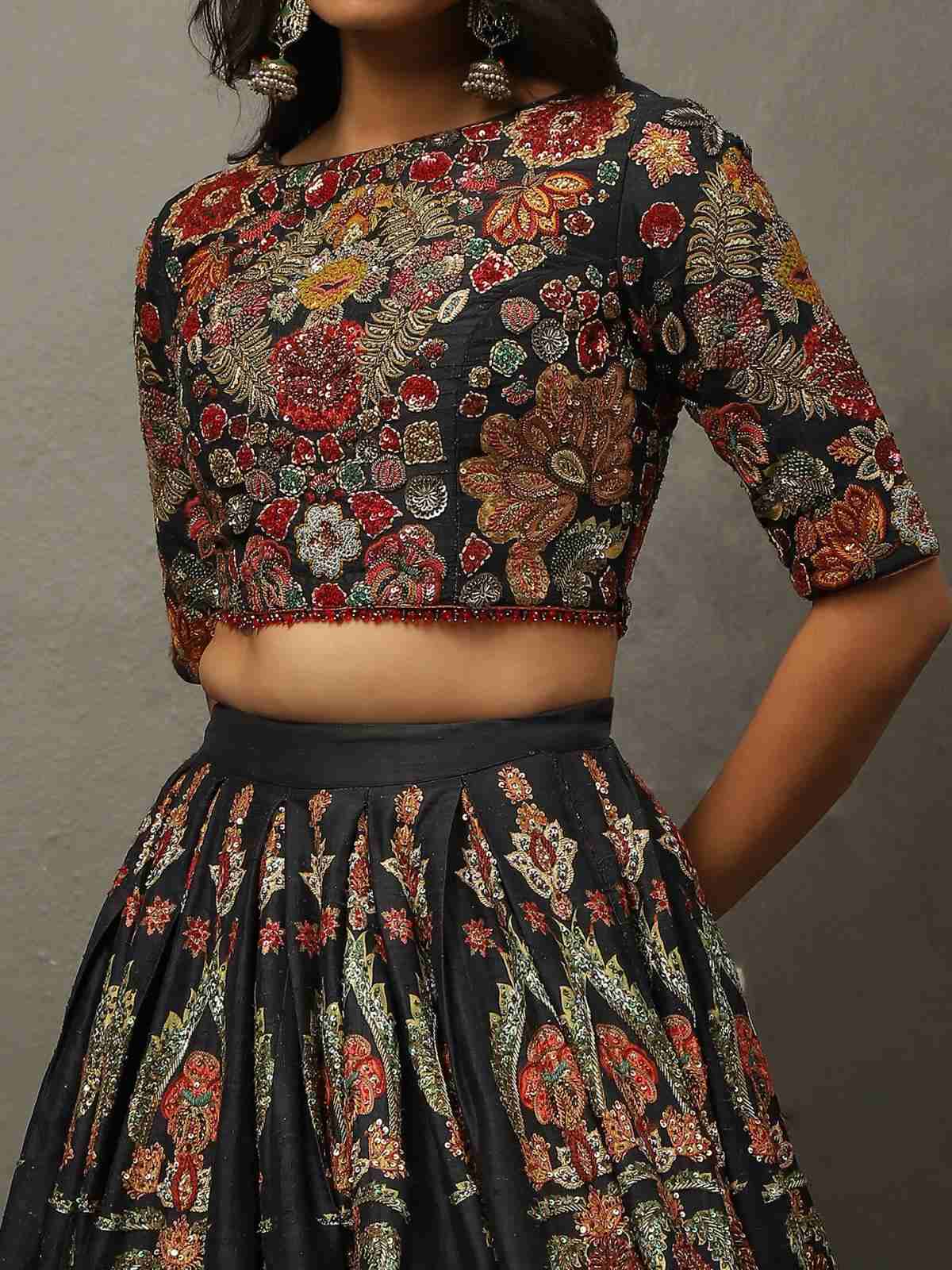 Black & Multi Wild Flower Lehenga Set