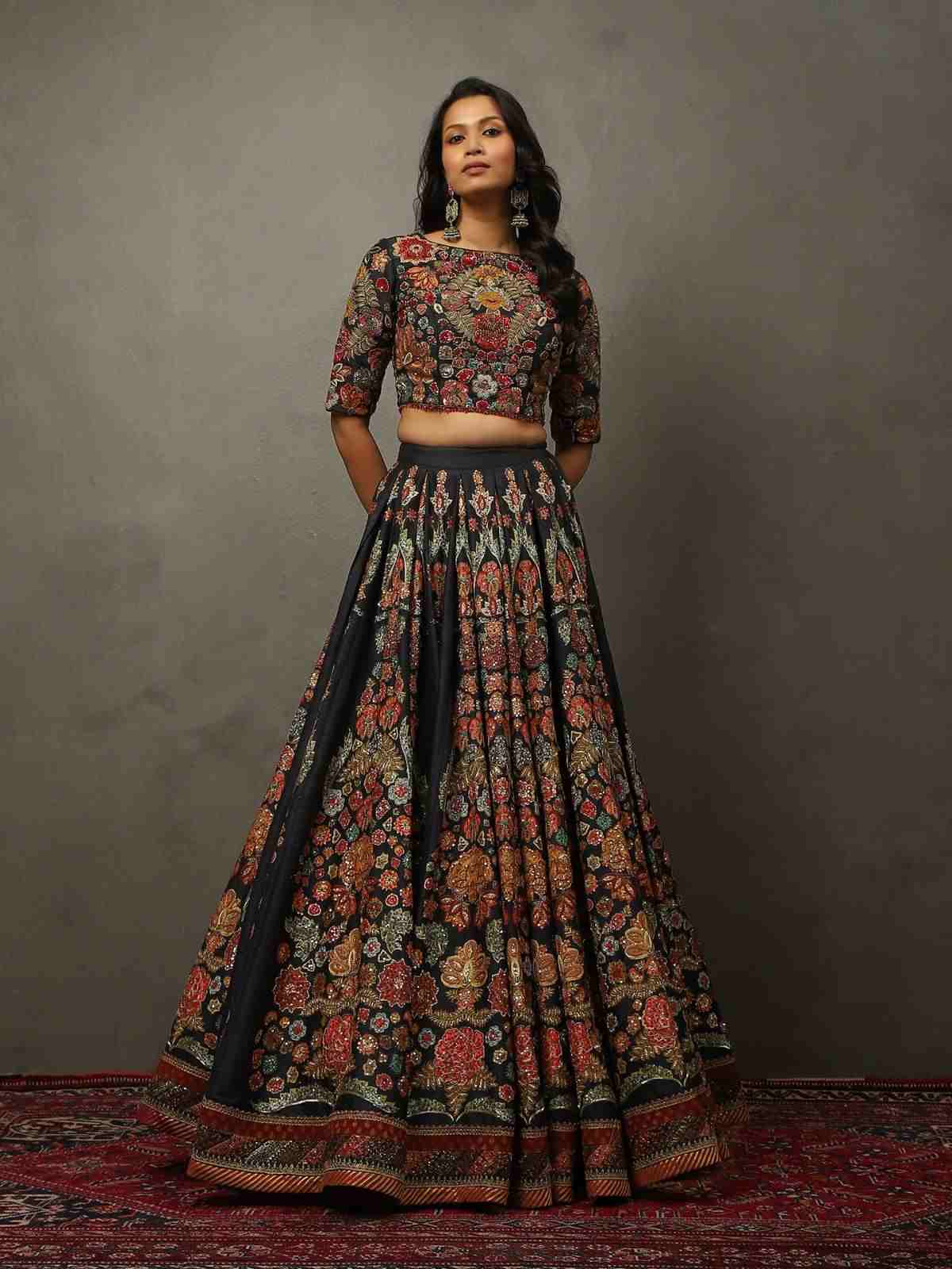Black & Multi Wild Flower Lehenga Set