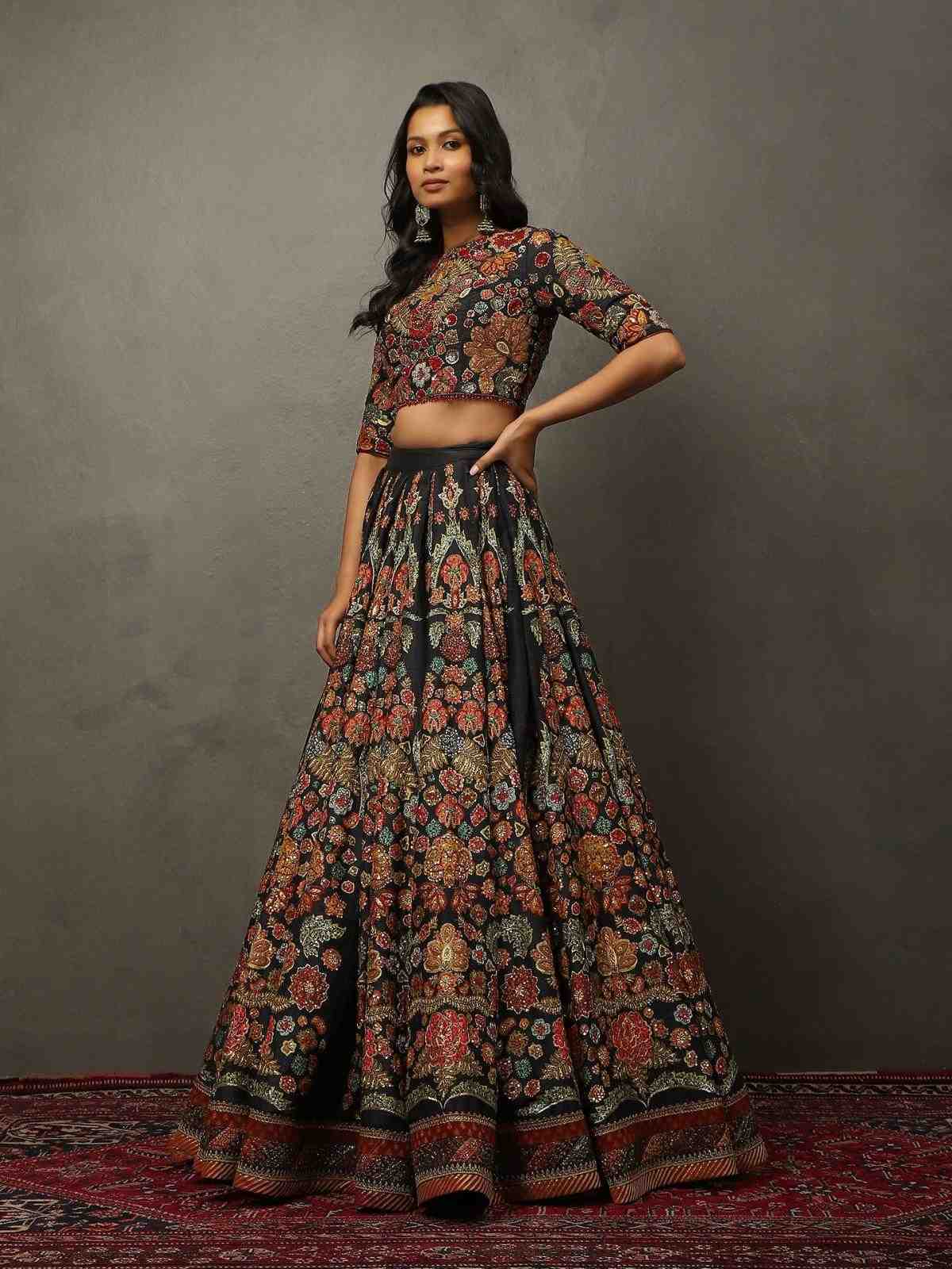 Black & Multi Wild Flower Lehenga Set