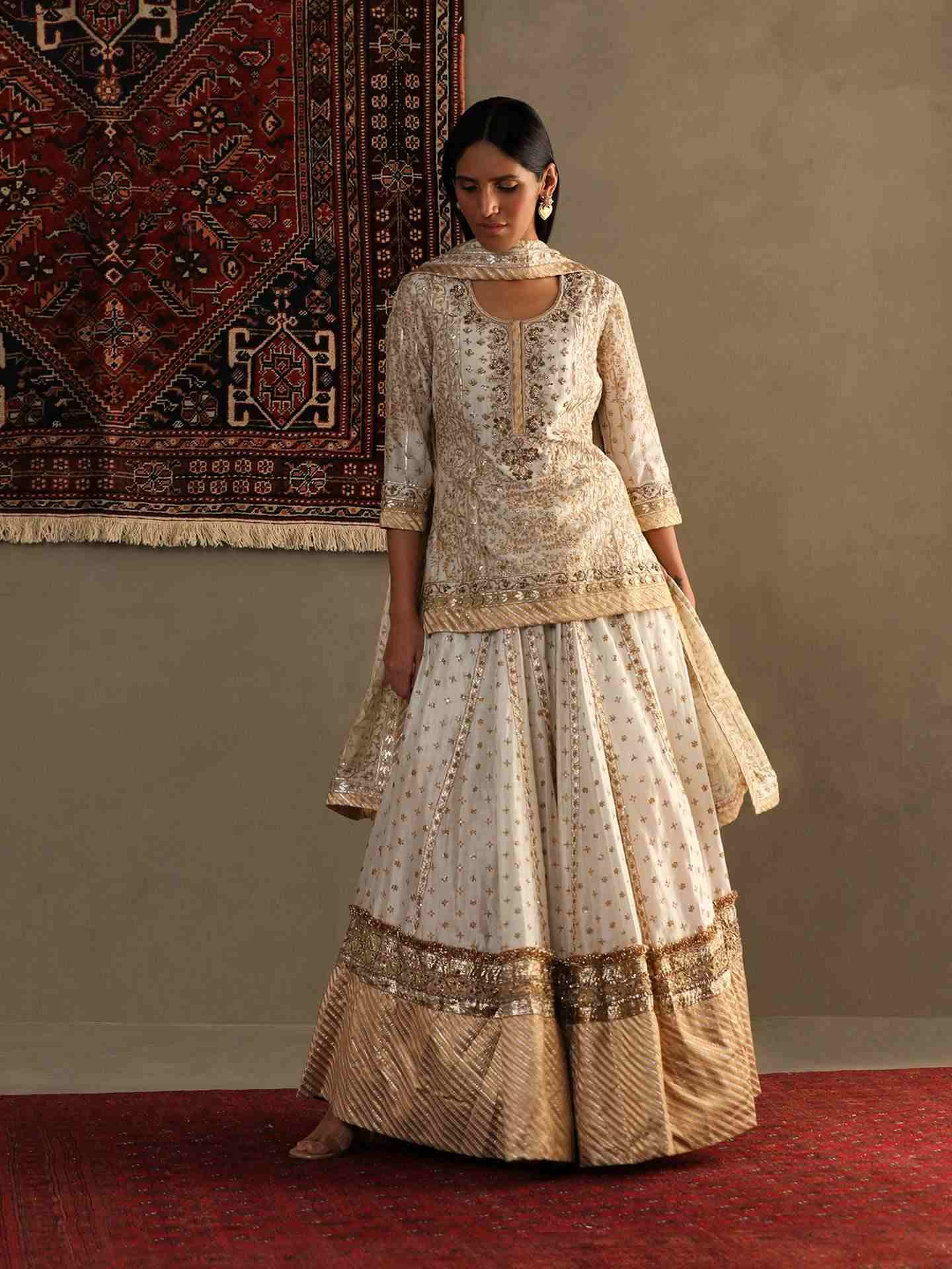 Off White & Beige Chandrika Silk Suit Set
