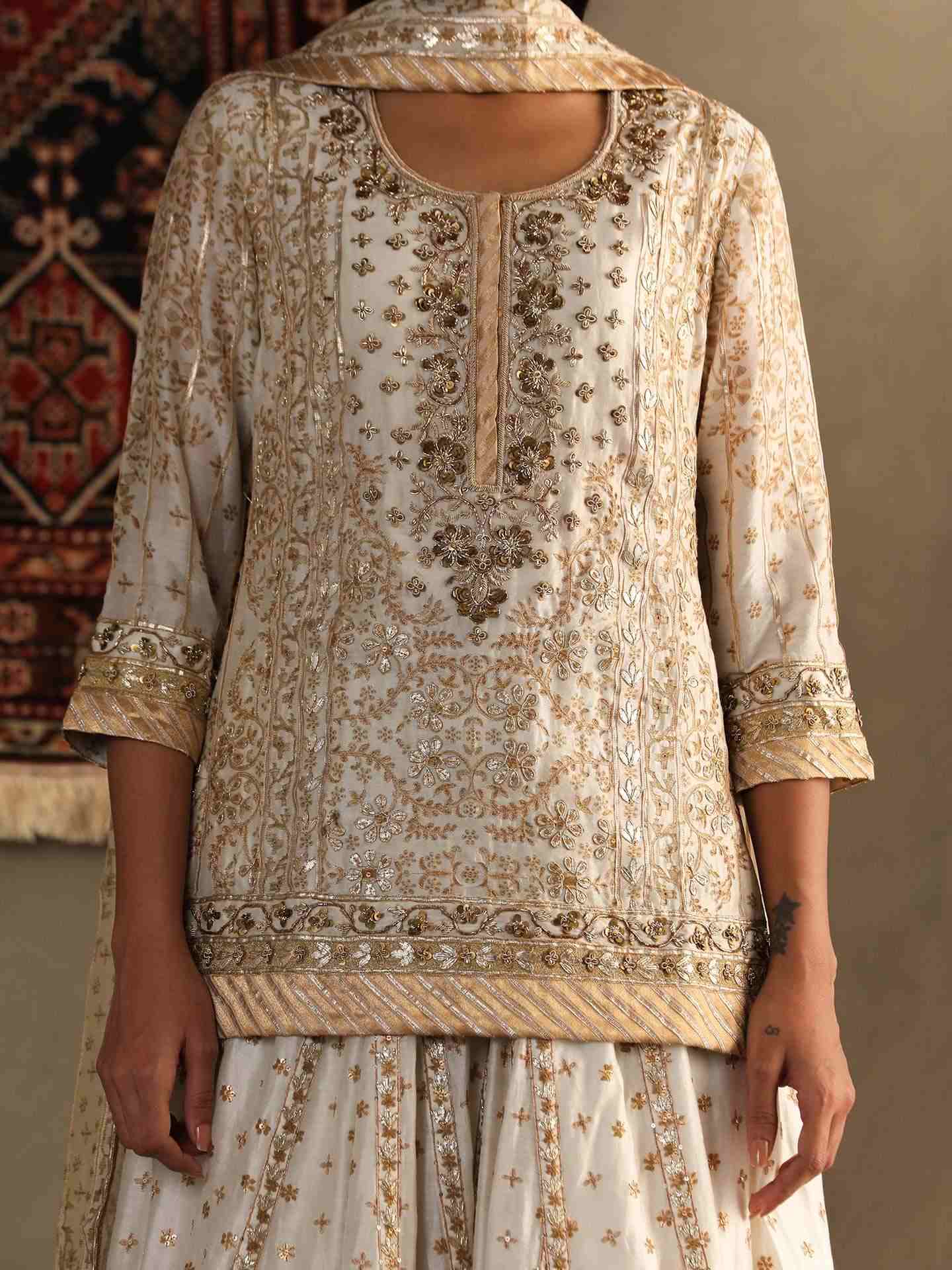 Off White & Beige Chandrika Silk Suit Set