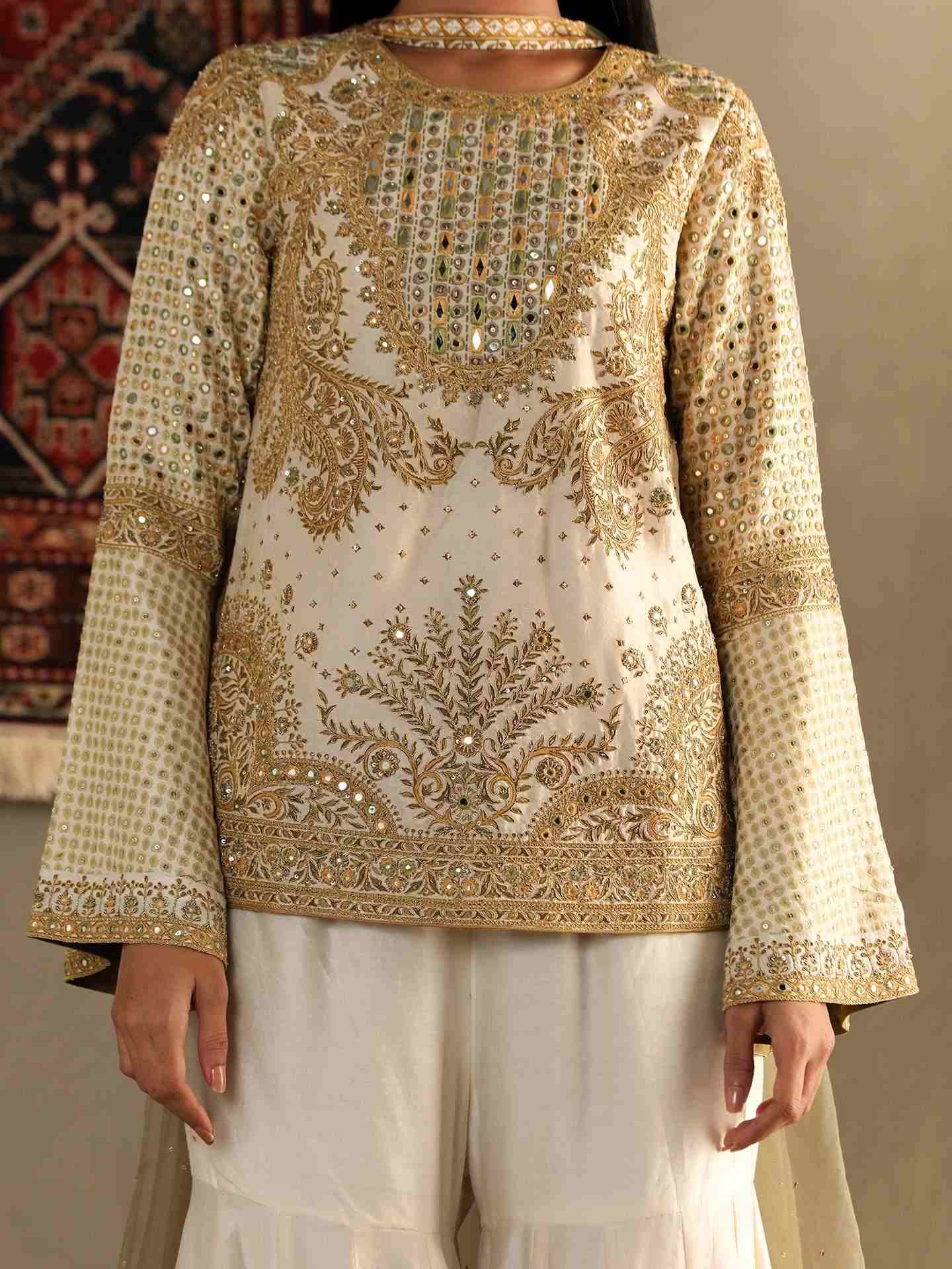 Cream & Olive Darpan Suit Set