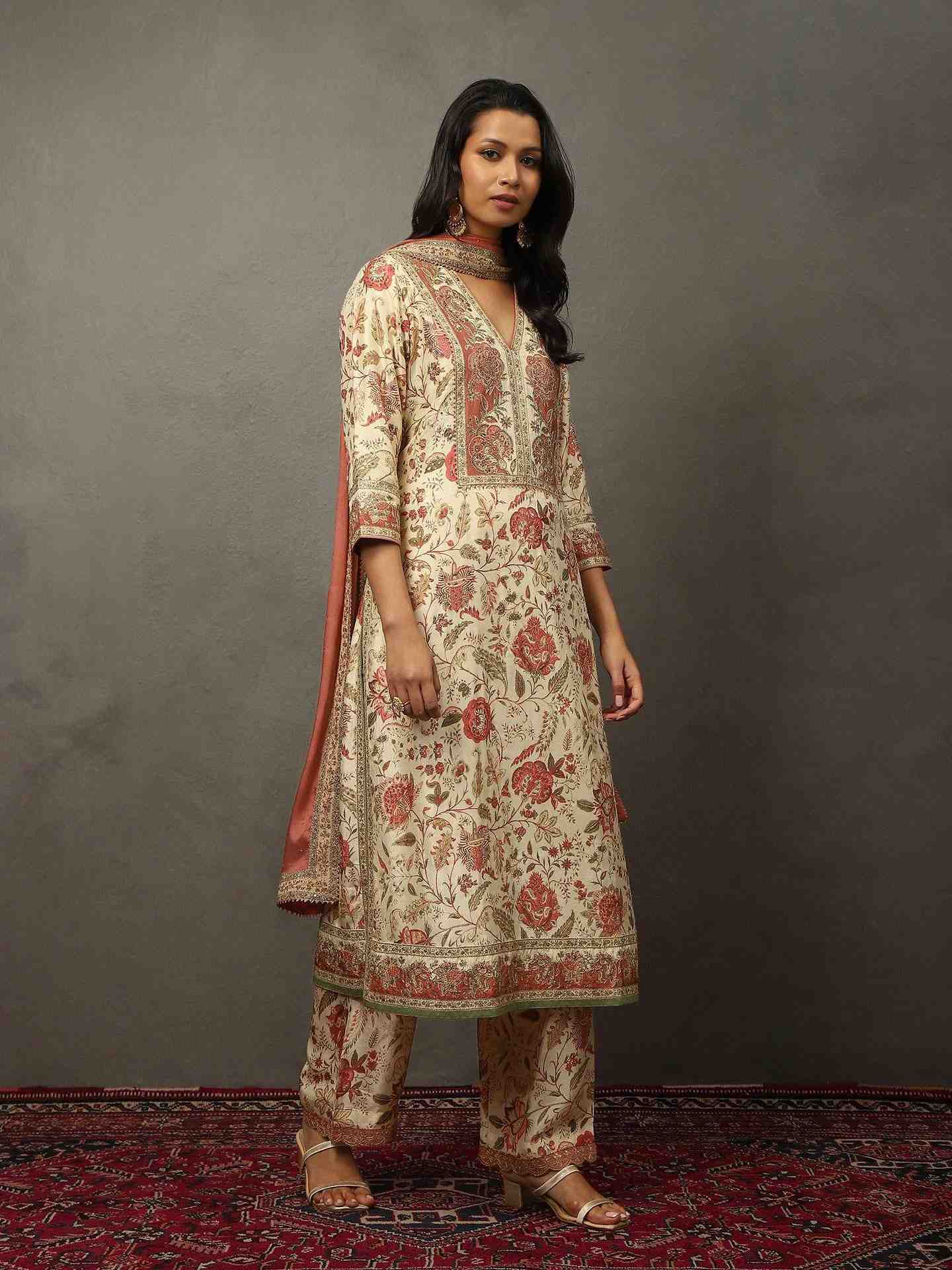 Off White & Multi Tree Of Life Suit Set