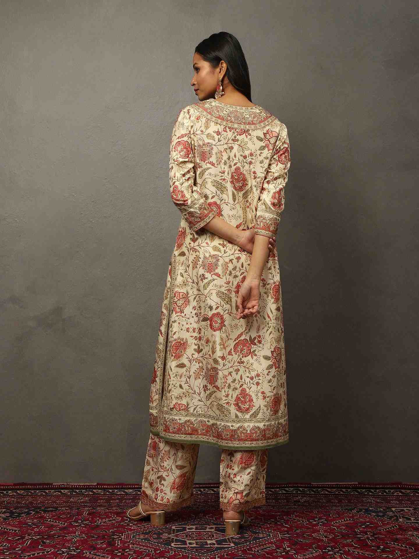 Off White & Multi Tree Of Life Suit Set