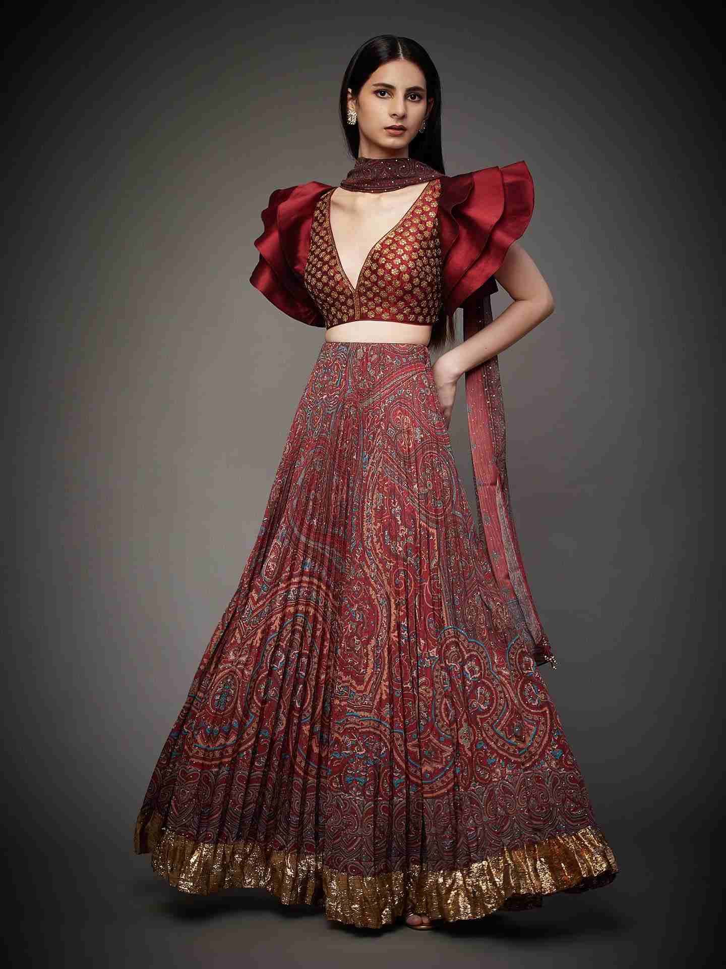 Burgundy & Multi Brocade Jamawar Lehenga Set