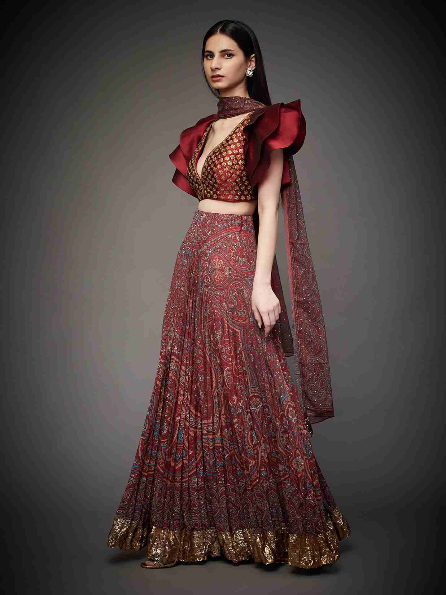 Burgundy & Multi Brocade Jamawar Lehenga Set