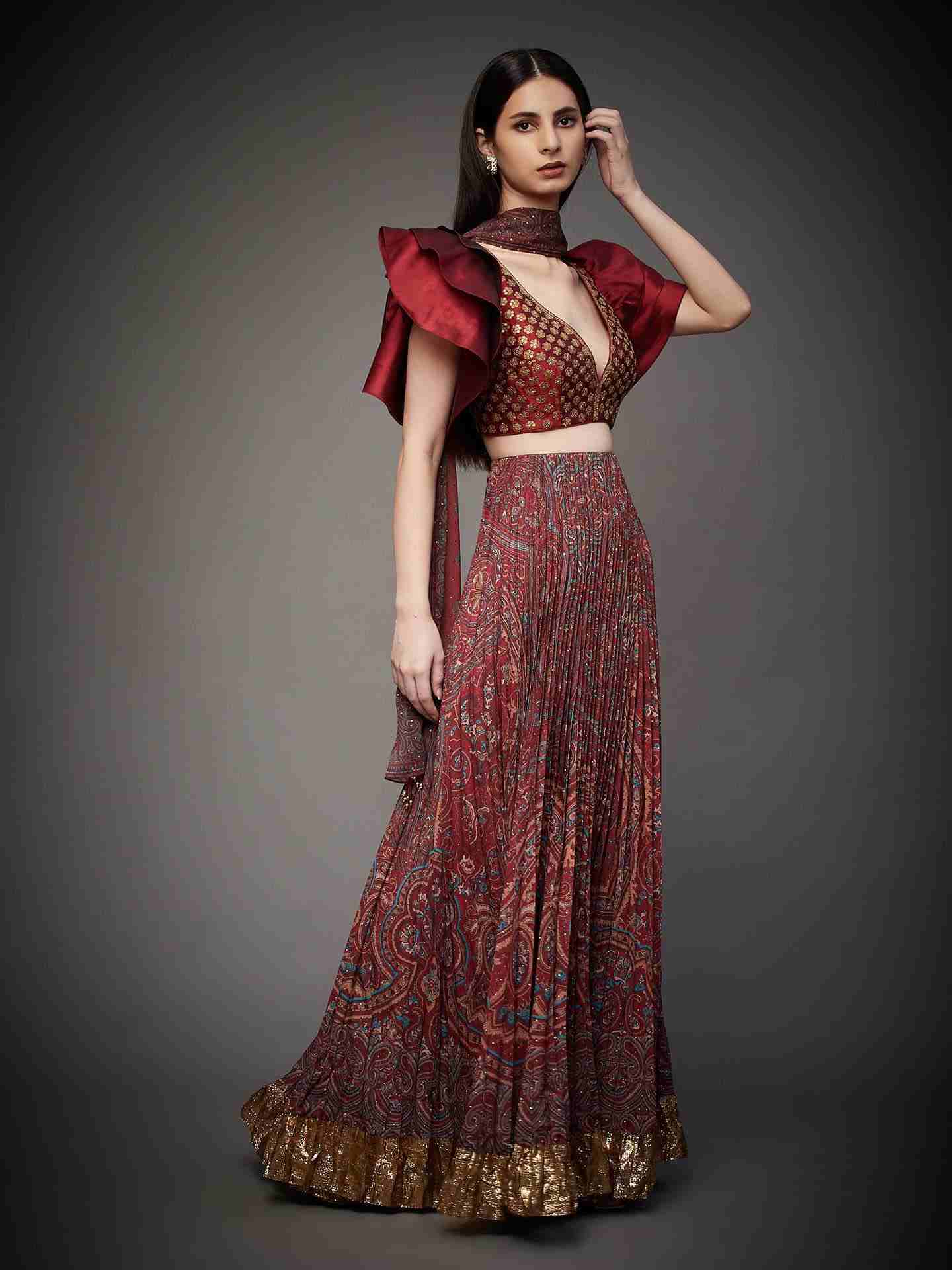Burgundy & Multi Brocade Jamawar Lehenga Set