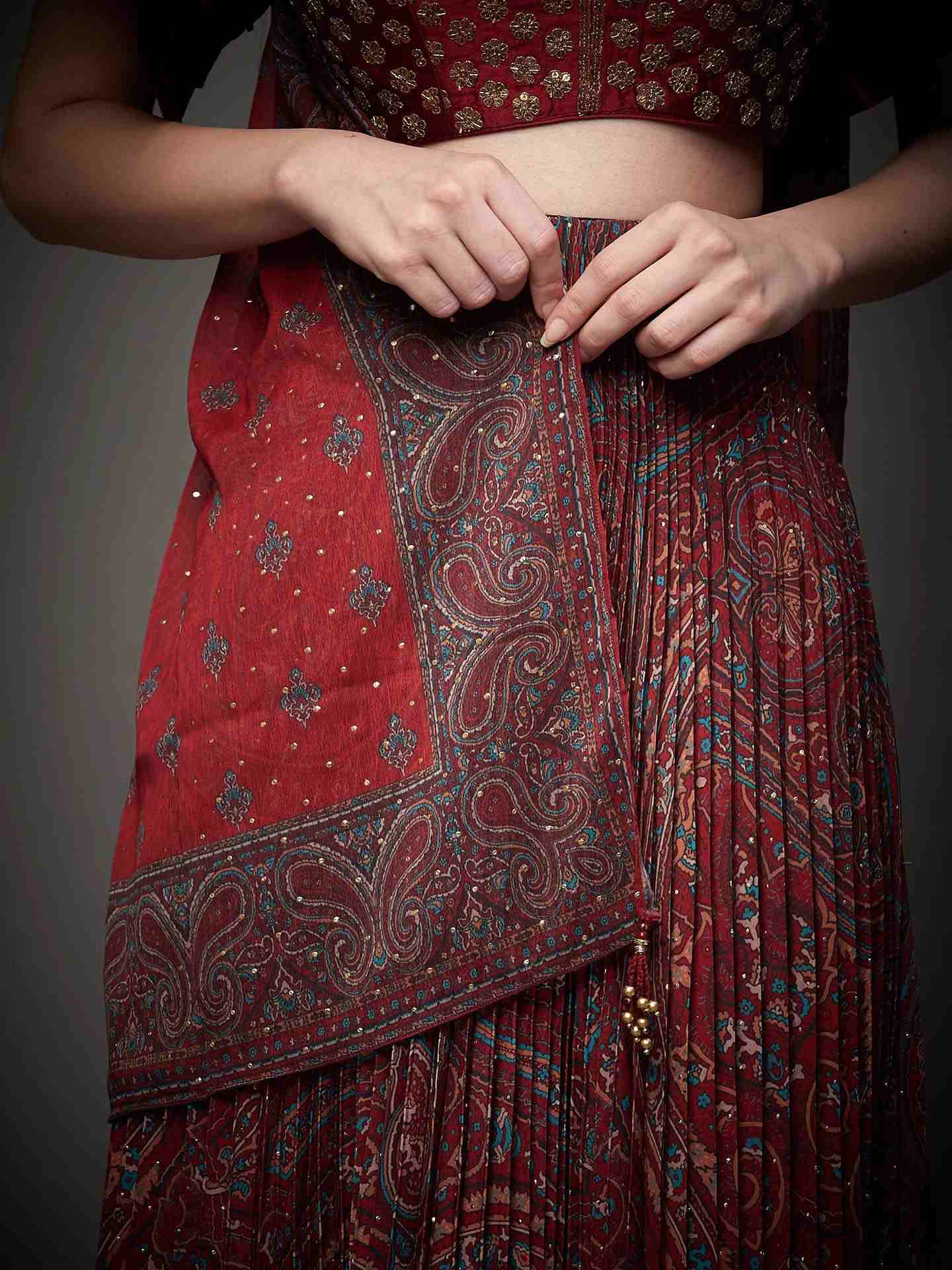 Burgundy & Multi Brocade Jamawar Lehenga Set