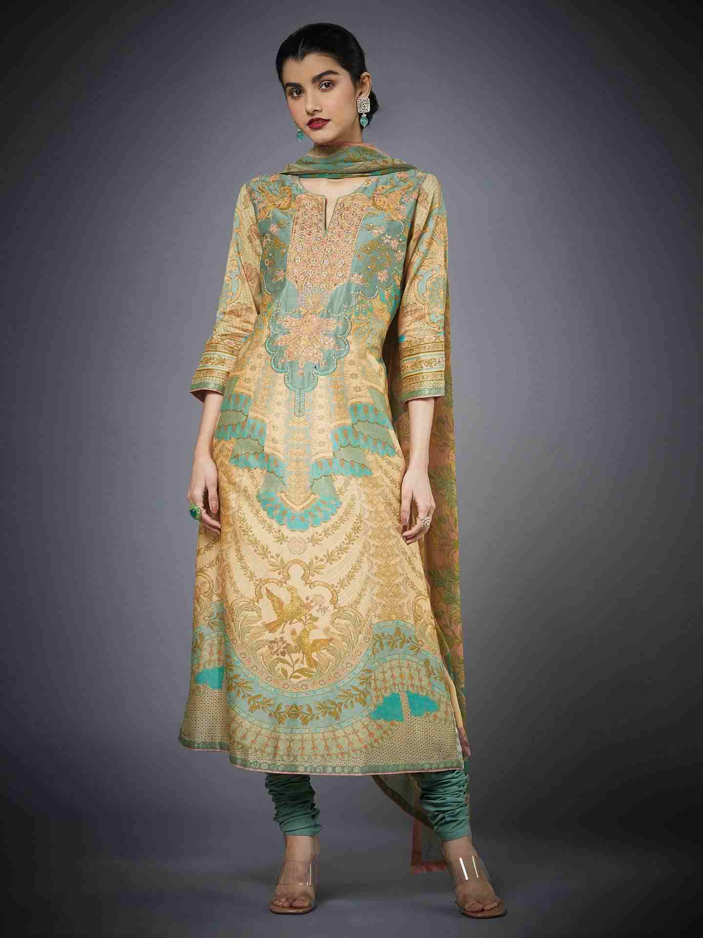 Beige & Khaki Chisti Suit Set