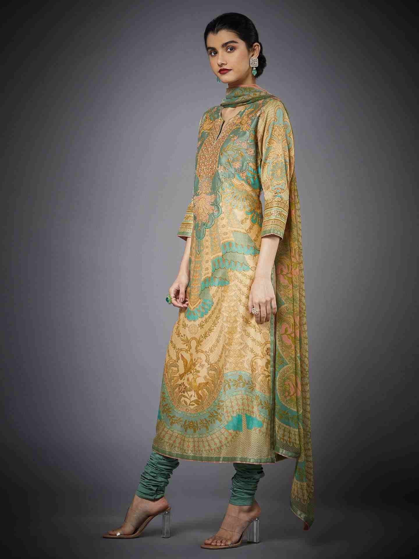 Beige & Khaki Chisti Suit Set