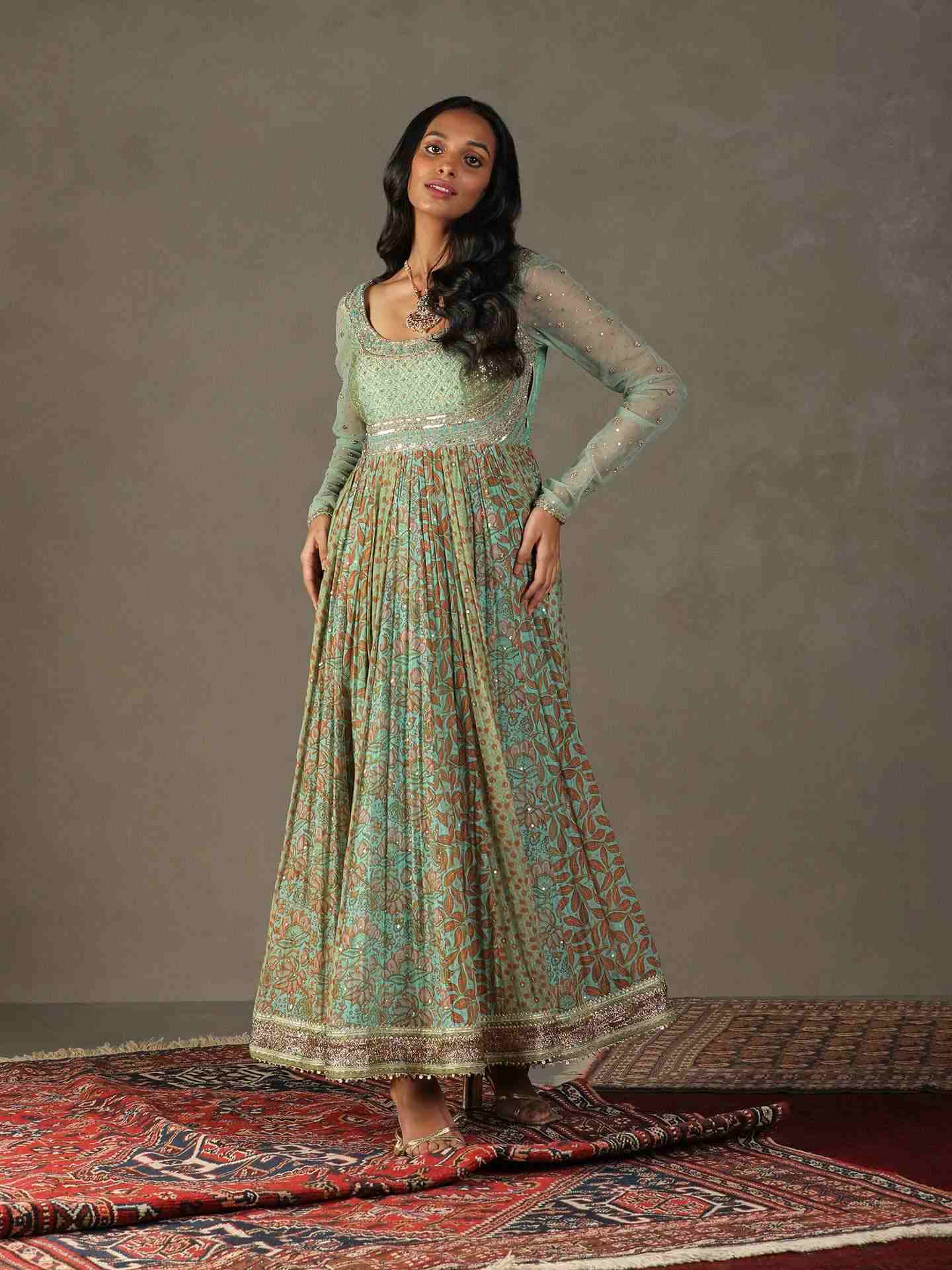 Spruce Green & Multi Roshafi Anarkali Suit