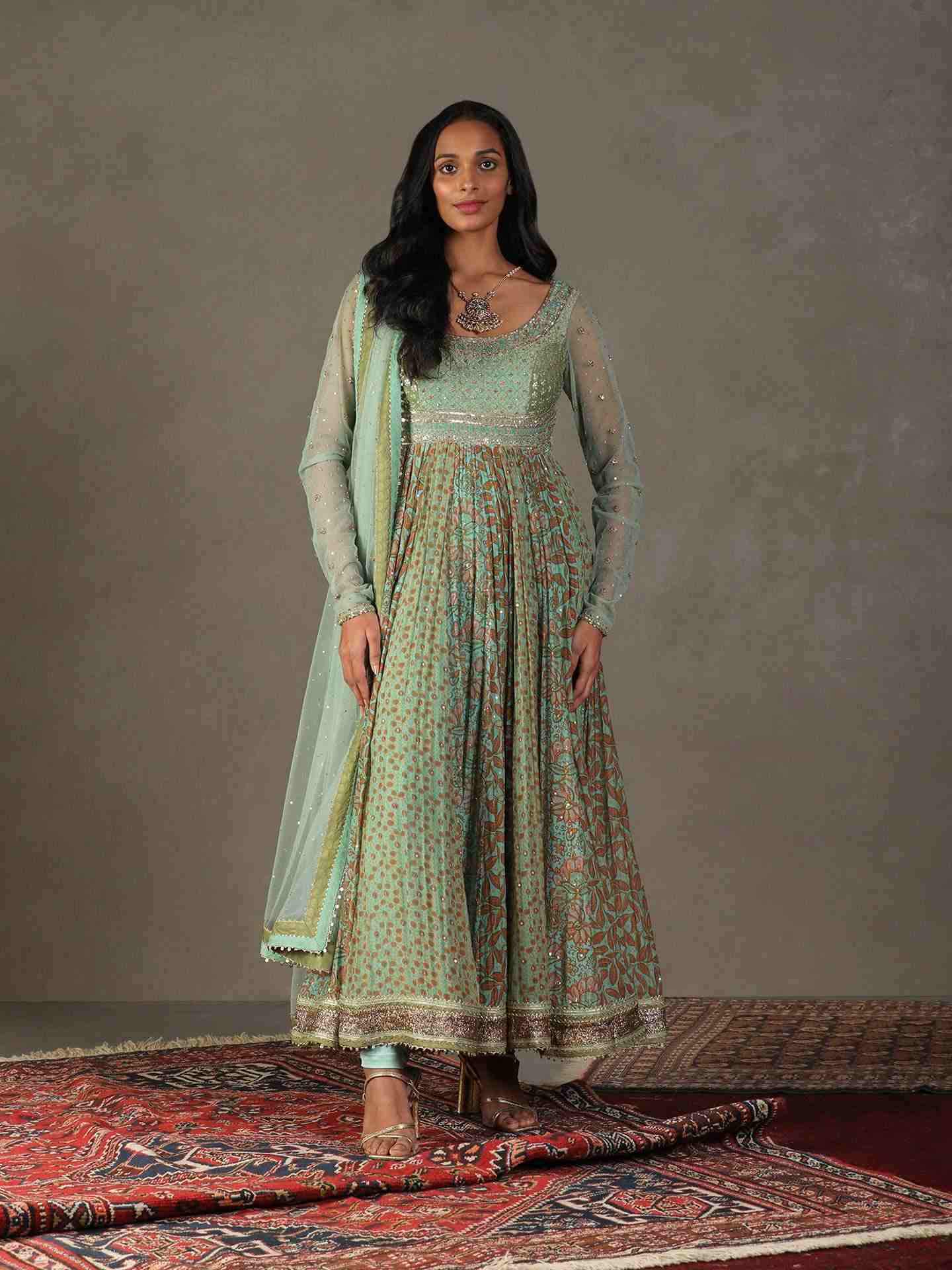 Spruce Green & Multi Roshafi Anarkali Suit