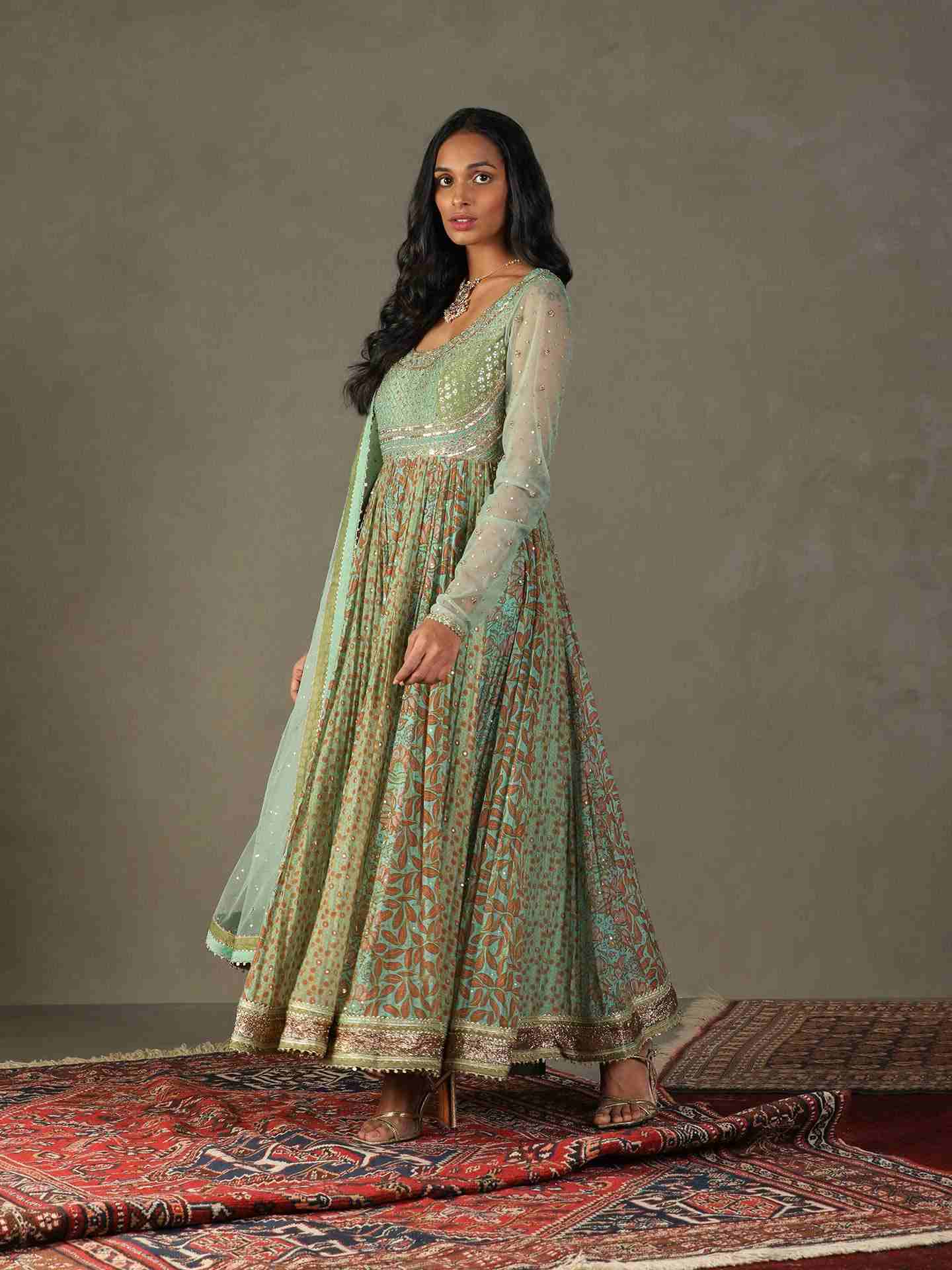 Spruce Green & Multi Roshafi Anarkali Suit