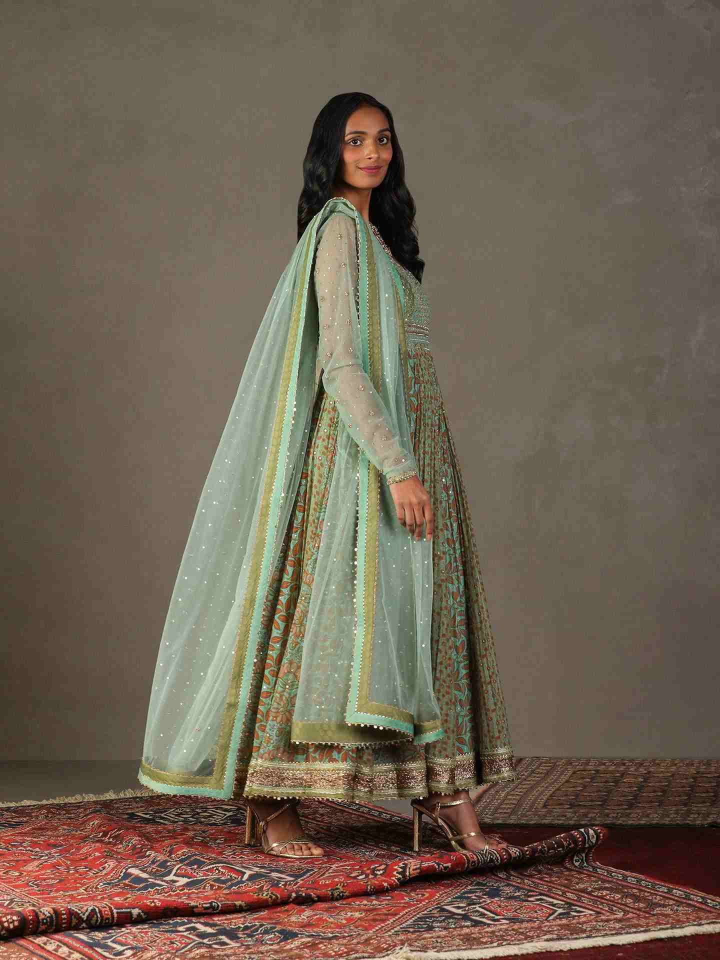Spruce Green & Multi Roshafi Anarkali Suit