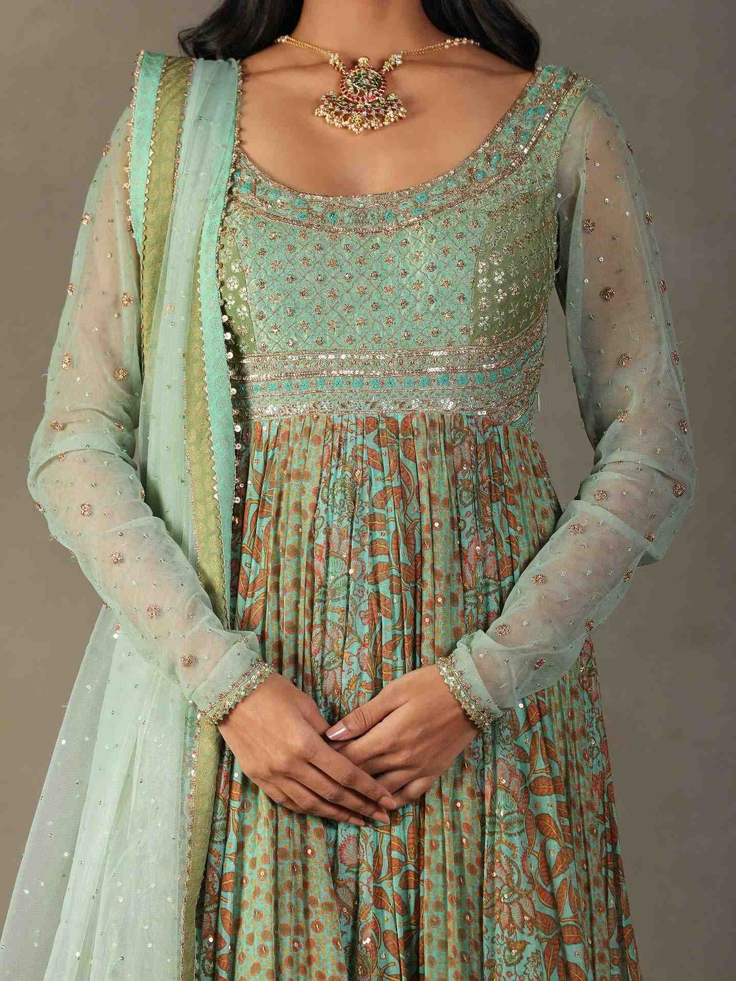 Spruce Green & Multi Roshafi Anarkali Suit