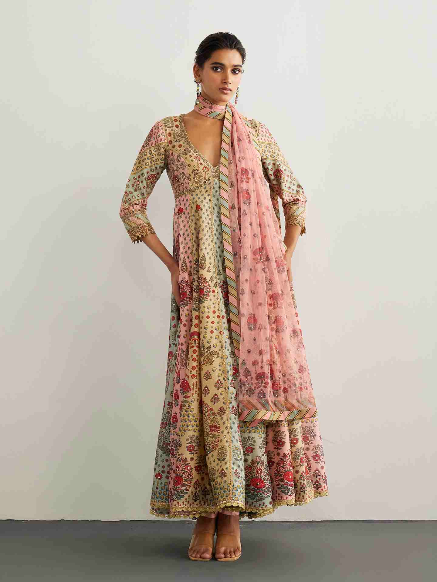 Pink & Powder Blue Kashmiri Buti Anarkali Suit