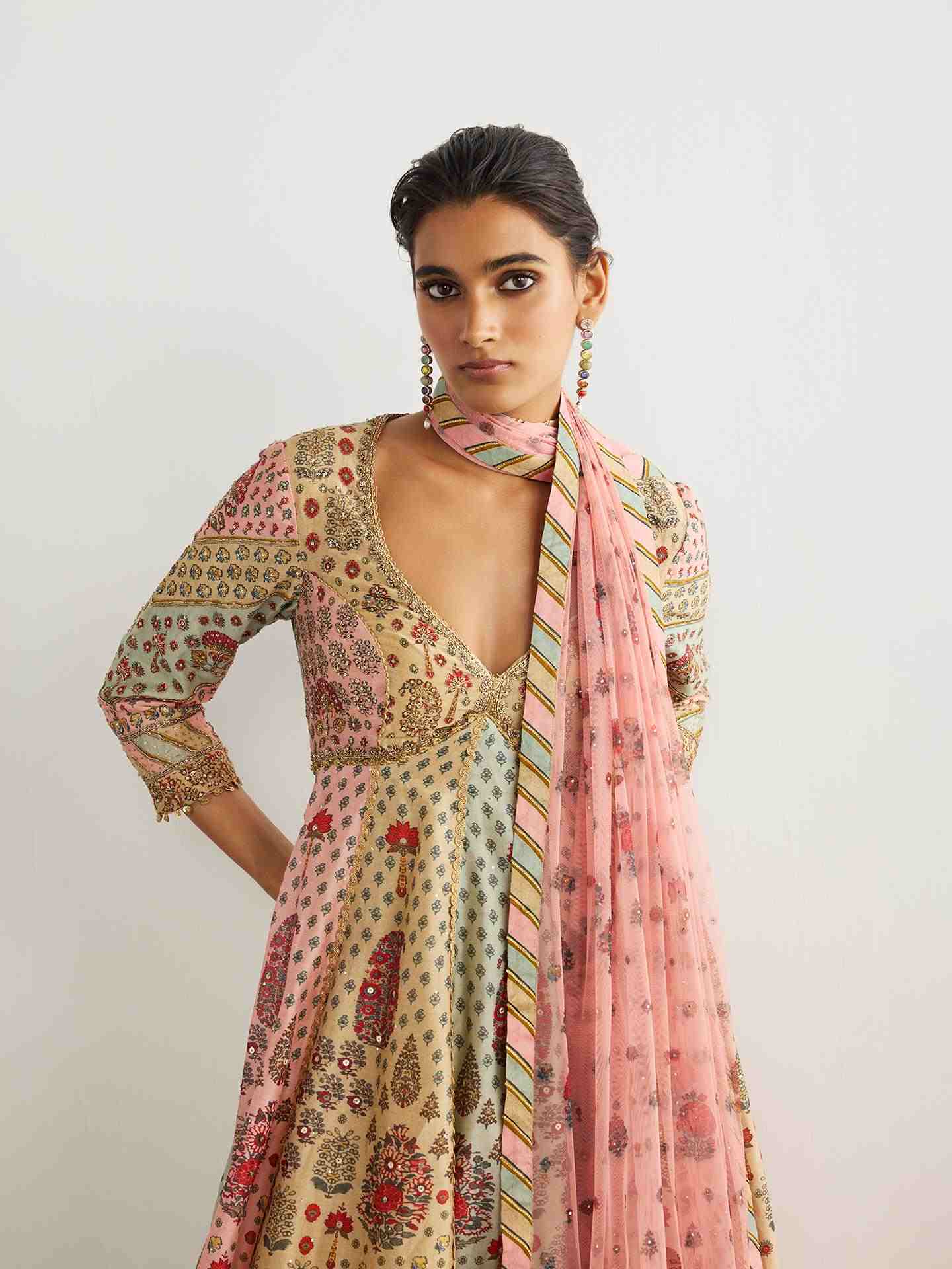 Pink & Powder Blue Kashmiri Buti Anarkali Suit